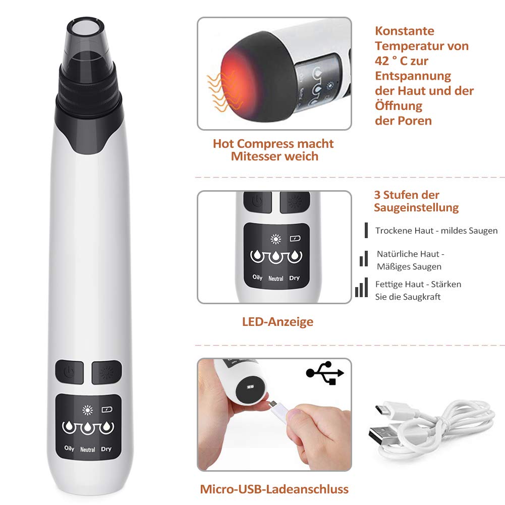 Pulitore dei pori per la rimozione dei punti neri, aspiratore per i pori, con ricarica USB e 4 sonde intercambiabili, con schermo LED