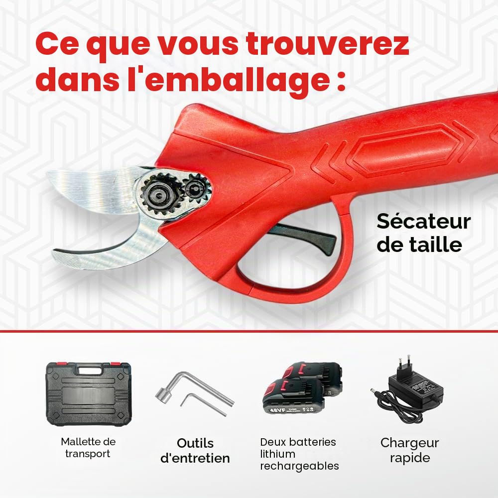 Sécateurs électriques avec 2 batteries de 48V et mallette, cisailles portables professionnelles – Découpe précise et assistance batterie immédiate (Rouge)