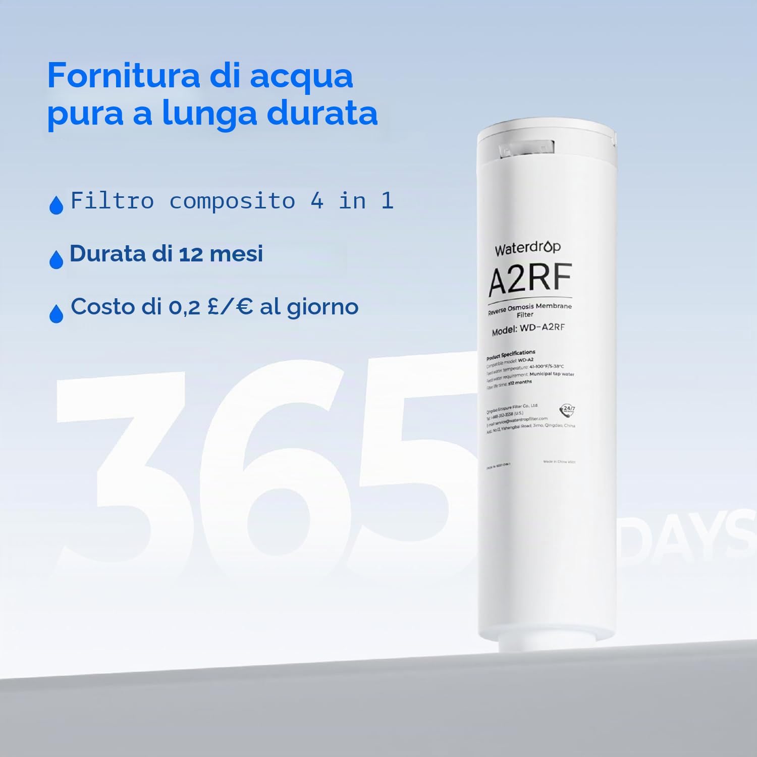 Waterdrop WD-A2RF Filtro, Ricambio per il Sistema a Osmosi Inversa da Banco WD-A2, 12 Mesi di Vita