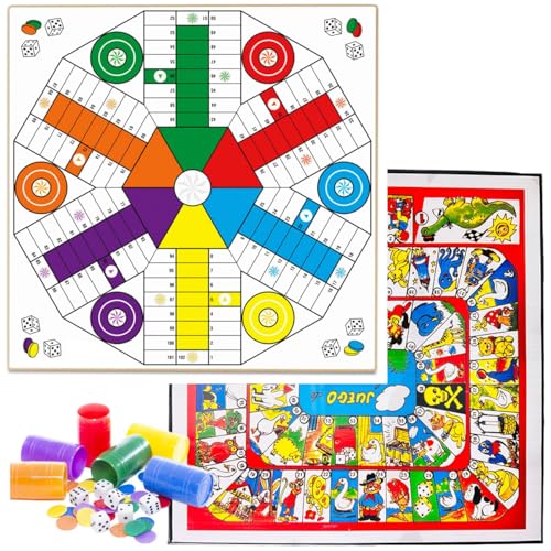 Oca y Parchís/Juego de Mesa 4 6 Jugadores/Juego Tradicional para Niños y Adultos/Reversible 2 en 1 Ambas Caras con fichas para 6 Jugadores 35x35cm