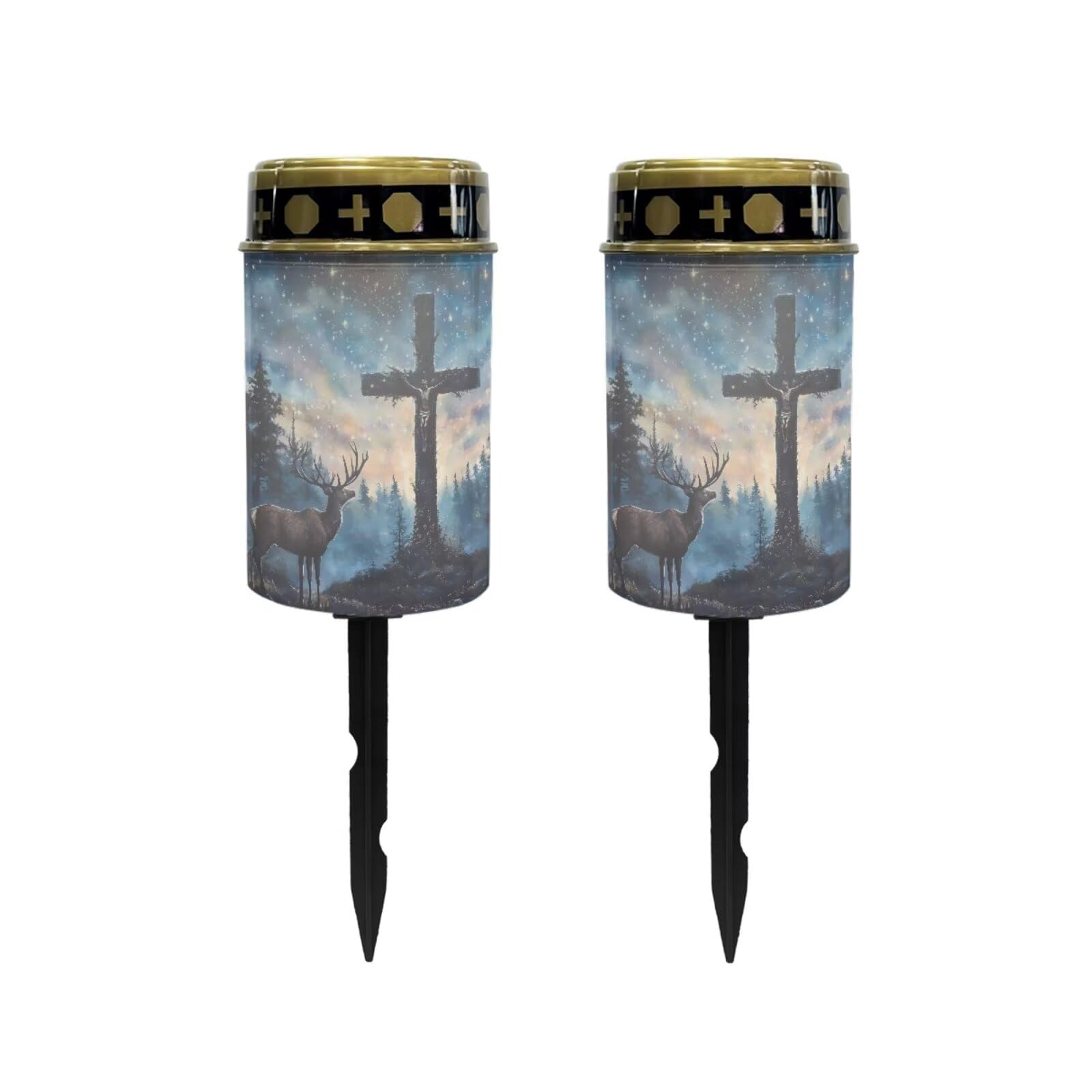 Poceacles 2 Pieces Cross Solar Powered Outdoor Lights Cemetery Solar Candle Solar Memorial Lights Outdoor Waterproof Landscape Lights for Yard Patio Lawn Outdoor Home Decor, Deer Cross Galaxy Blue