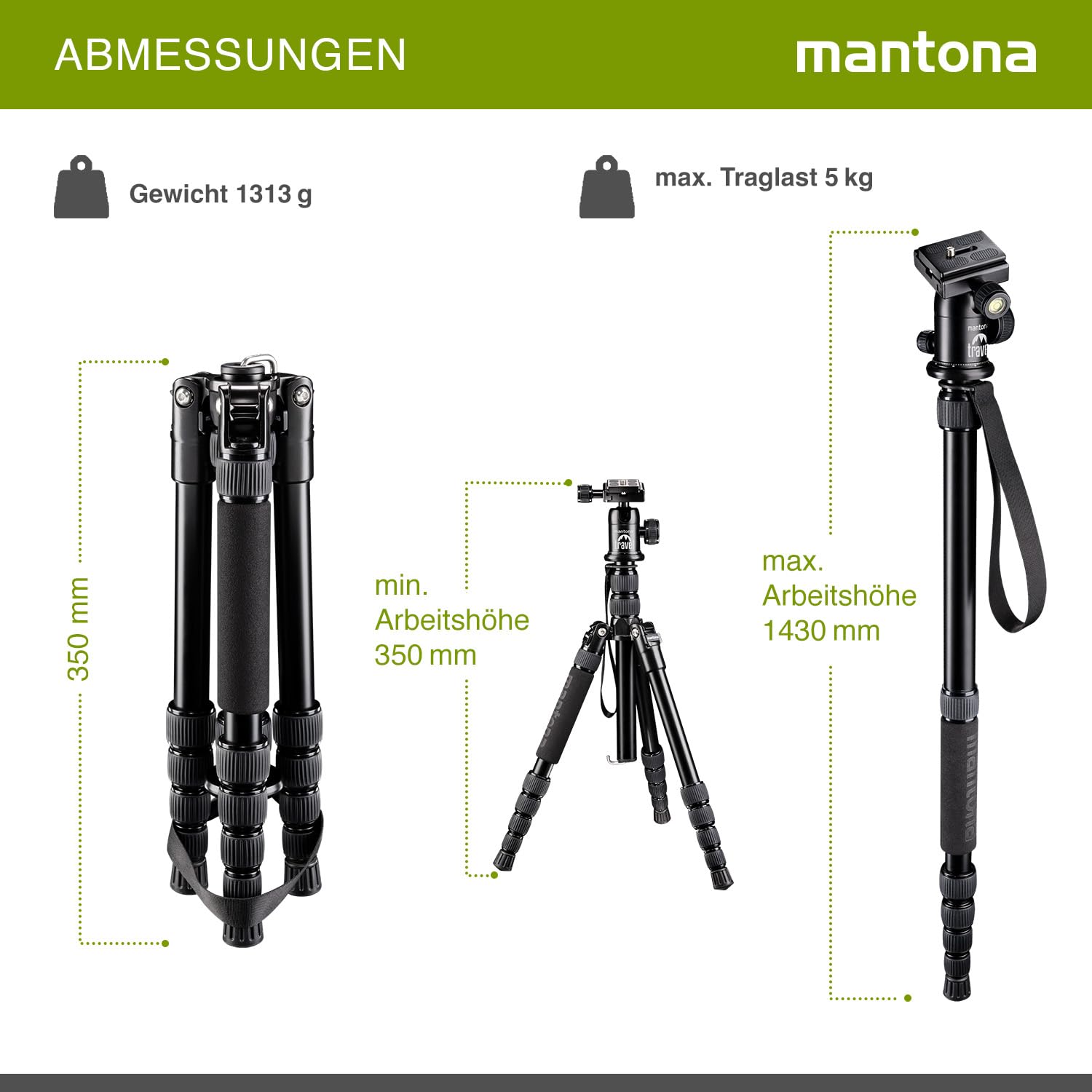 Mantona Statyw podróżny DSLM (z głowicą kulową, nośność do 5 kg, obrotowa kolumna środkowa, kompaktowe wymiary, uchwyt statywu) do kamer systemowych, lustrzanek cyfrowych i aparatów kompaktowych