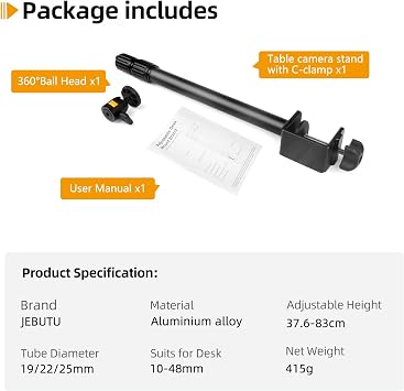 Camera Desk Mount, 37.6-83cm Adjustable Desk Light Stand, Tabletop C-Clamp Mount Arm with 1/4 Ball Head for Webcam, Ring Light, Live Streaming, Video Recording, Max Load 2KG