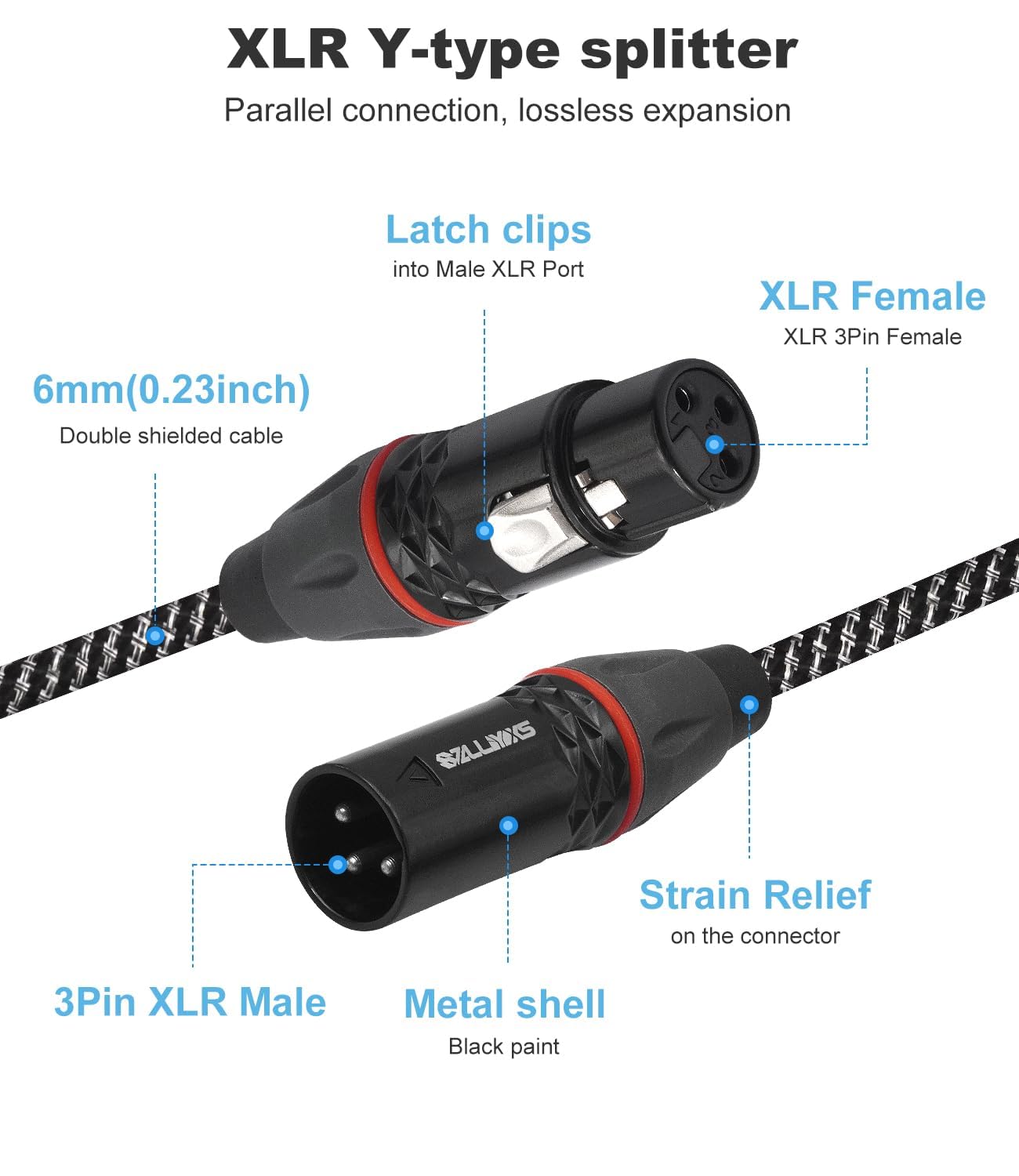 3-poliges XLR-Y-Splitterkabel (1 Stecker auf 4 Buchsen, 60 cm) – Zinklegierung & sauerstofffreies Kupfer, EMI-Abschirmung für Mixer, Mikrofon, Studio & Live-Sound