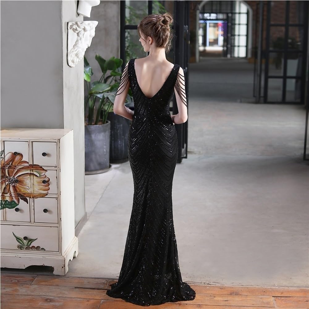knee length dresses for ladies Long Black Beaded Designer Prom Dress