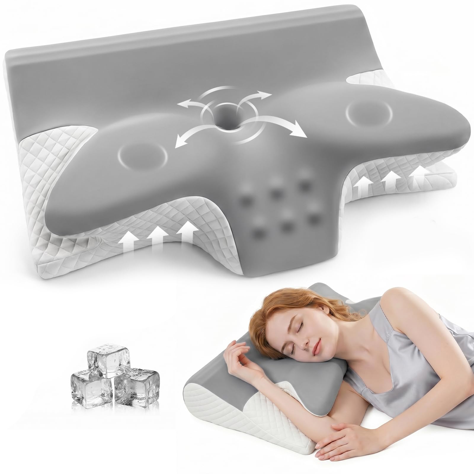 Almohada Cervicales y Cuello, Almohadas Cervicales para Dormir de Espuma Viscoelástica - para Dormir de Lado y Boca Arriba, Alivio de Presión, 60 x 42 x 14/12 cm, Gris