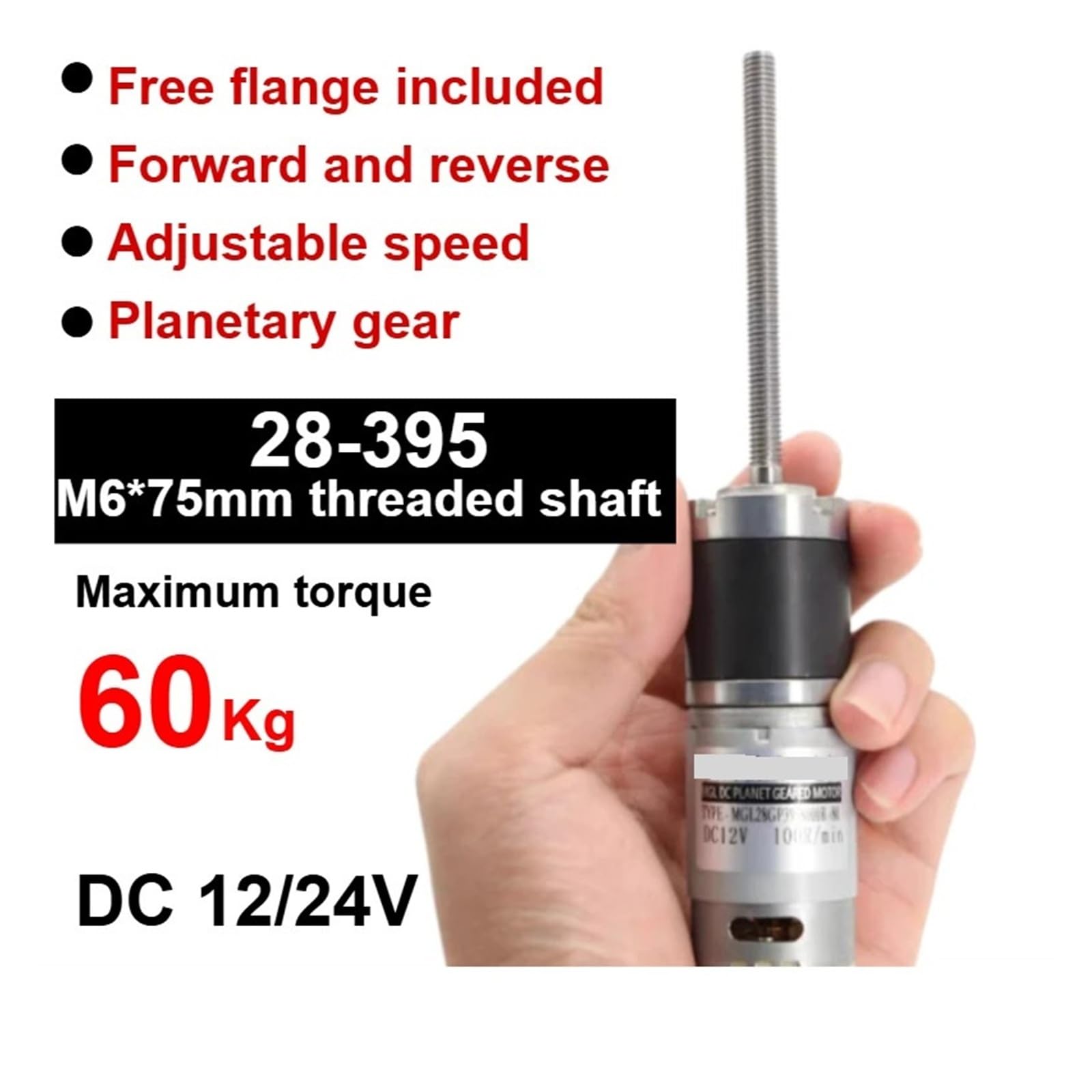 60Kg 28-395 M 6 * 75Mm Schroefdraad como Motor Reductor de CC Micro planetario Tandwielschroef Lange como Motor de Carga de 12V 24V con Brida(16RPM,12V)