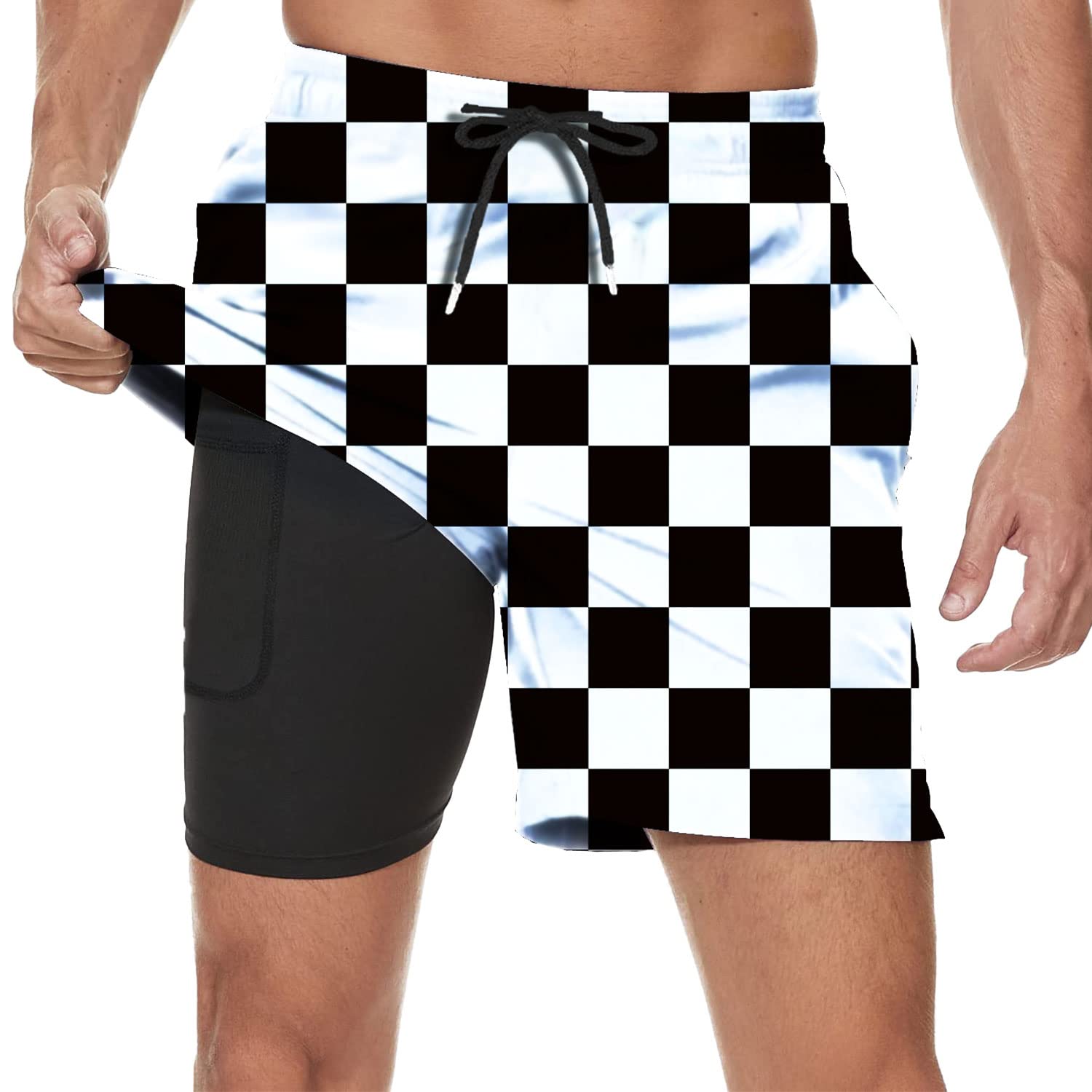 BUGKHD Jamaica Jamaican Kingdom Flag Men's Summer Beach Shorts, Athletic Trunks, Black 1-checkerboard Modern Black Checkered Pattern, L