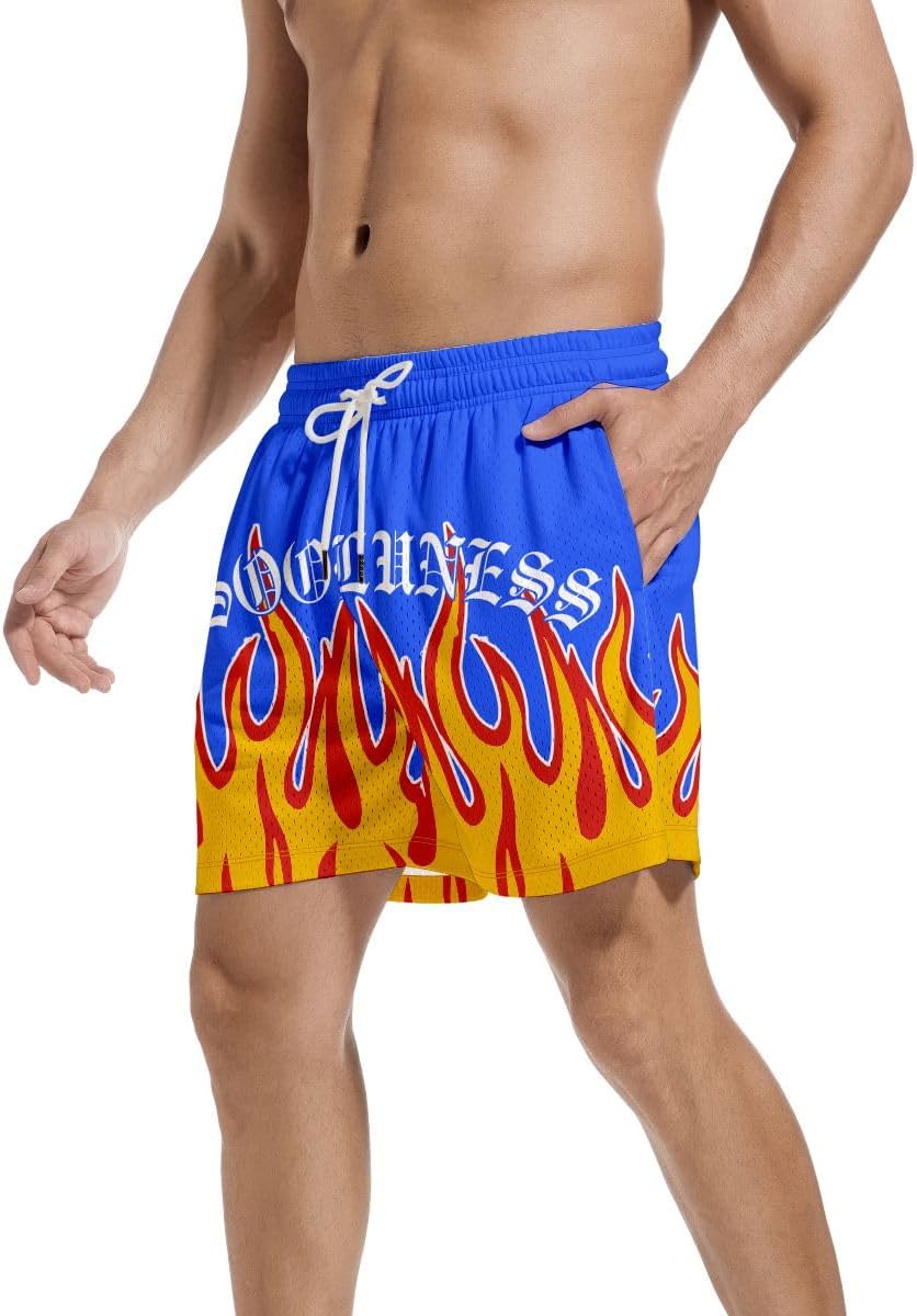 Men's Flame Graphic Mesh Shorts Cool Retro Basketball Running Athletic Shorts Drawstring Waist Casual Track Shorts
