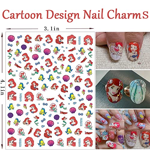6 Sheets Cute Nail Art Stickers 3D Anime Nail Design Decals Nail Charms Cute Cartoon Nail Stickers Self-Adhesive Acrylic Nail Art Supplies Mermaid Nail Decals For Women Girls Kawaii Nail Art Decorations #TOP4