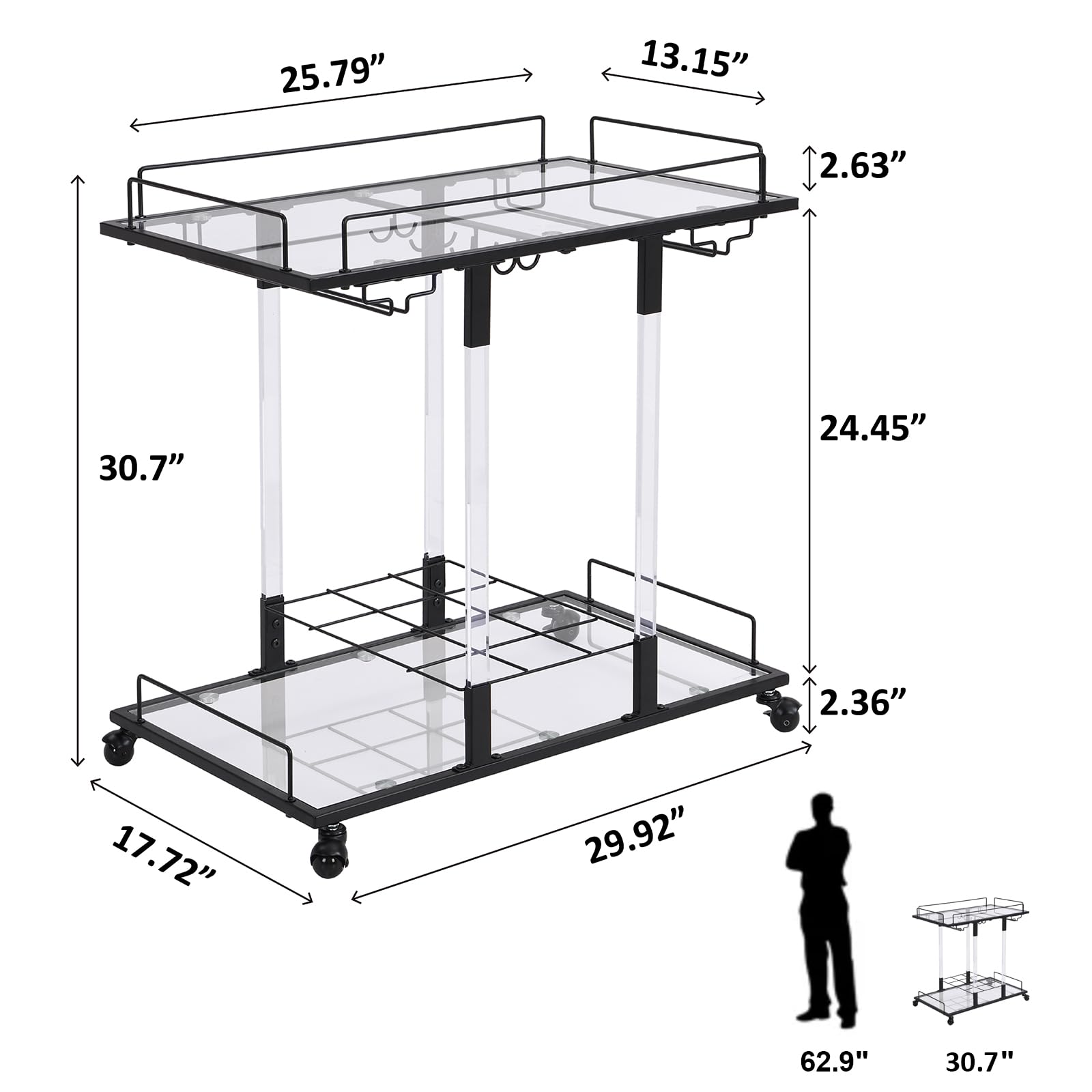 FERFALDER Home Bar Servierwagen 3 Etagen - Mobiler Bar Cart Mit Glasplatten