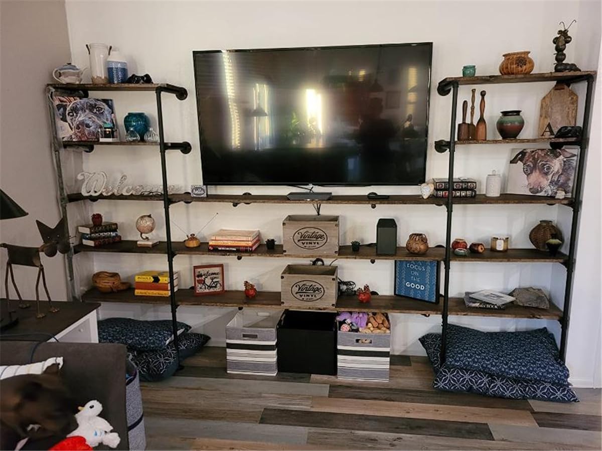 Gold Industrial Wall Mount Iron Pipe Shelf Bracket, DIY Open Bookshelf,Storage Shelves, Ceiling hung Shelves for Home Kitchen Bathroom Living Room Office(2PcsX5Tier,70" Tall,12"deep,Hardware Only)