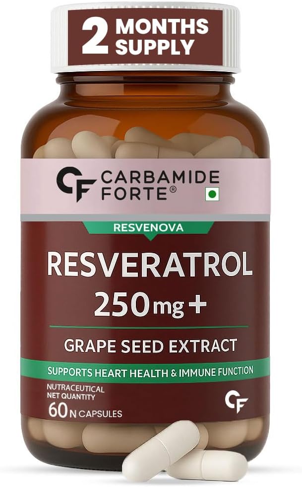 Carbamide Forte Resveratrol 250mg with Grape Seed Extract | Pharma Grade Resveratrol Supplements for Max Absorption - 60 Veg Capsules