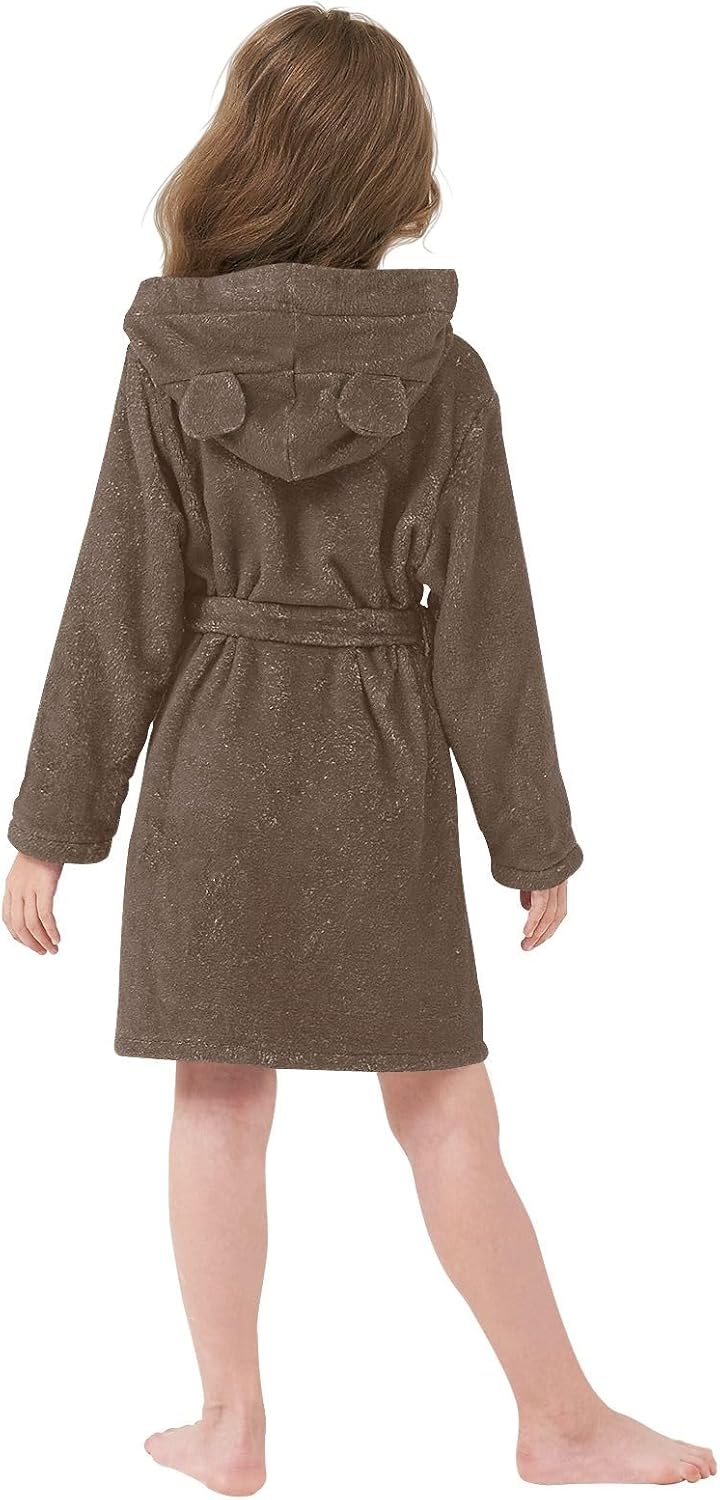 ODAWA Chocolate Brown Kids Bathrobe, Ultra Soft Plush Hooded Towel Robe for Boys Girls, Quick Dry Bath Wrap with Pockets