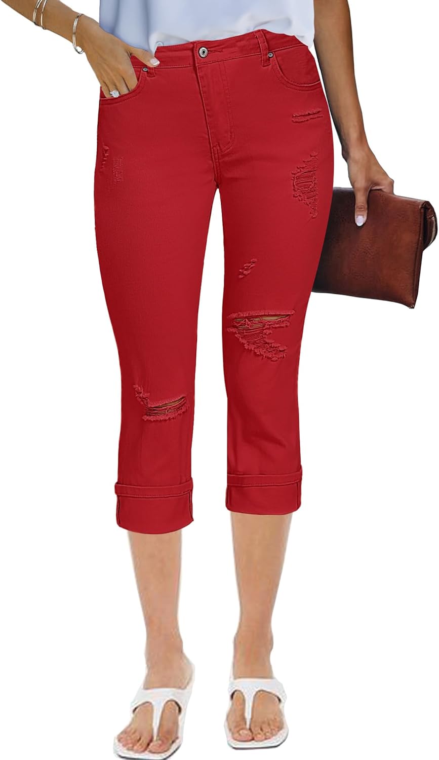 luvamia Capri Jeans for Women Stretch High Waisted Distressed Denim Capris Ripped Skinny Cropped Pants