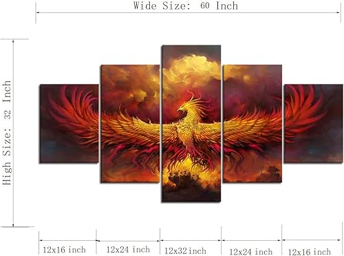 Miniatura 6 de Yatsen Bridge Pintura en lienzo de Fénix de Fuego, 5 paneles, arte de pared de fénix ardiente, cuadros vintage, póster impreso, arte de arte para