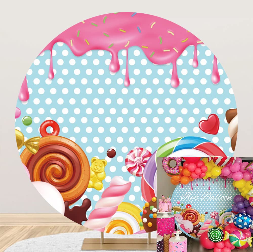 DASHAN Girl Donut Theme Birthday Party Decorations Round Backdrop Donut Party Decorations Baby Shower Backdrop Pink Blue Birthday Banner Party Supplies 6.5x6.5ft Polyester Backdrop