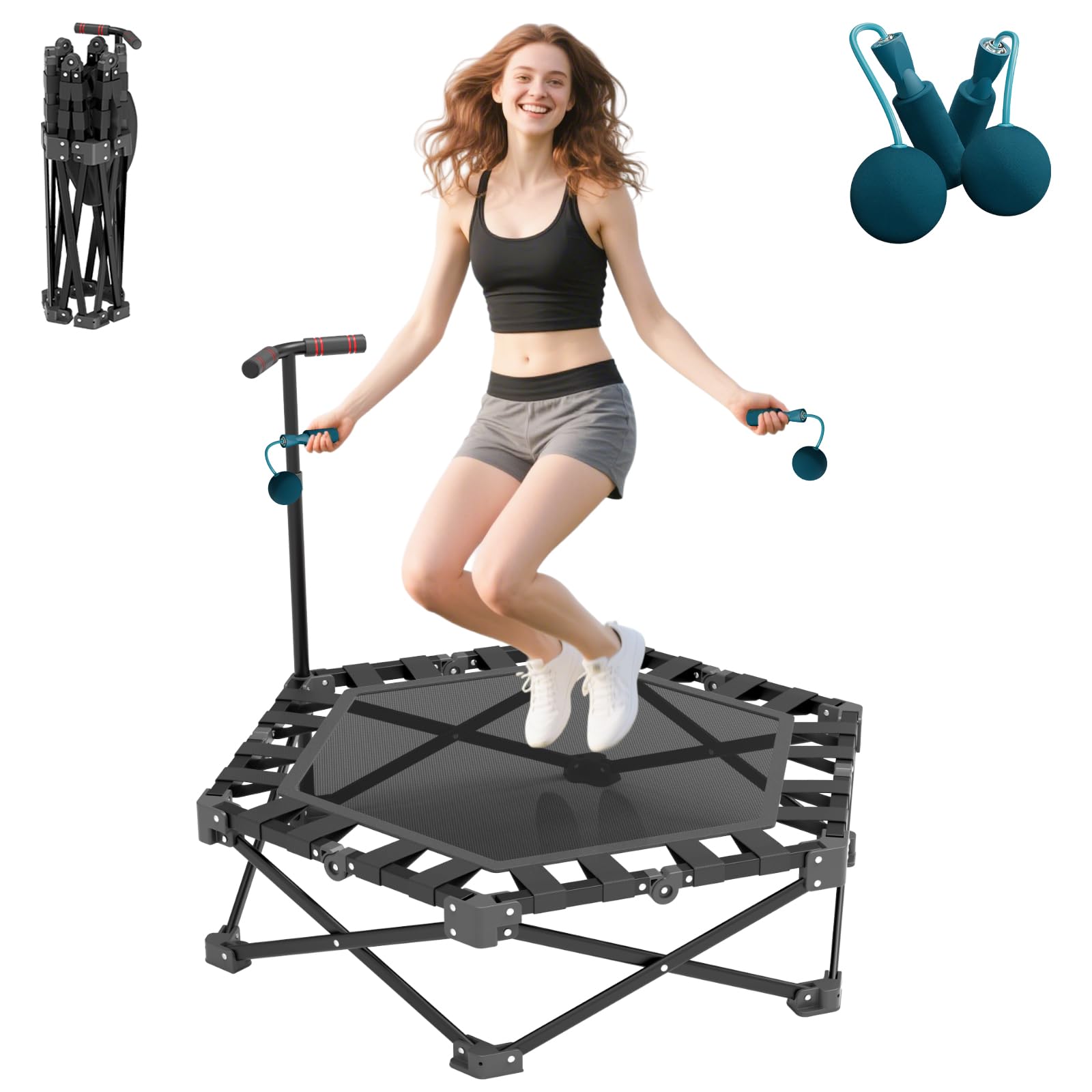 Trampolín de fitness de 106 cm para interiores para adultos, alta resistencia, altura ajustable, plegable con un clic y sin montaje, mini trampolín con cuerda de saltar, pequeño reboteador