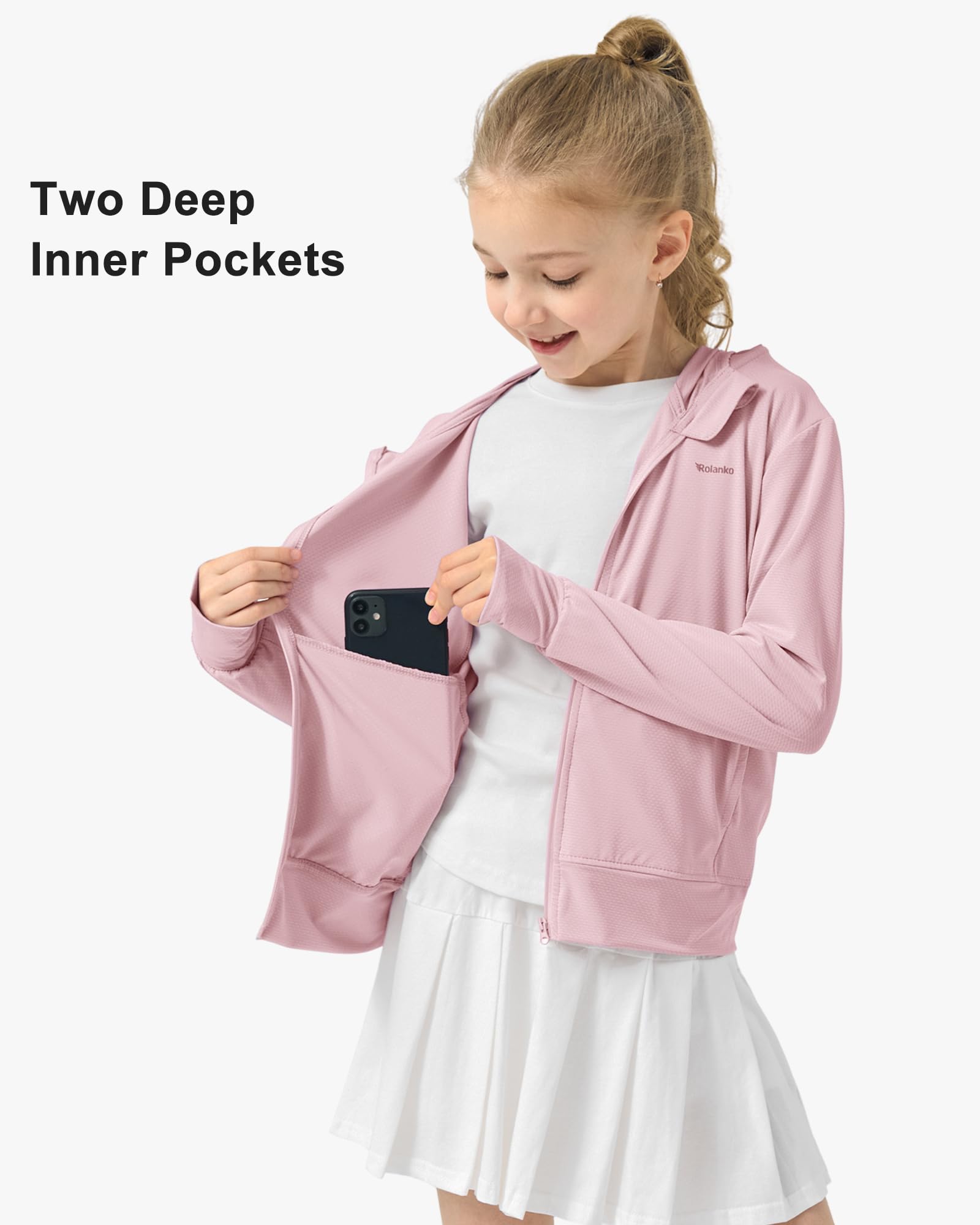 Rolanko Mädchen Sommerjacke mit Daumenlöchern Langarm Sonnenschutz Schnell Trocknend Reißverschluss Hoodie Kinder Rash Guard Tops
