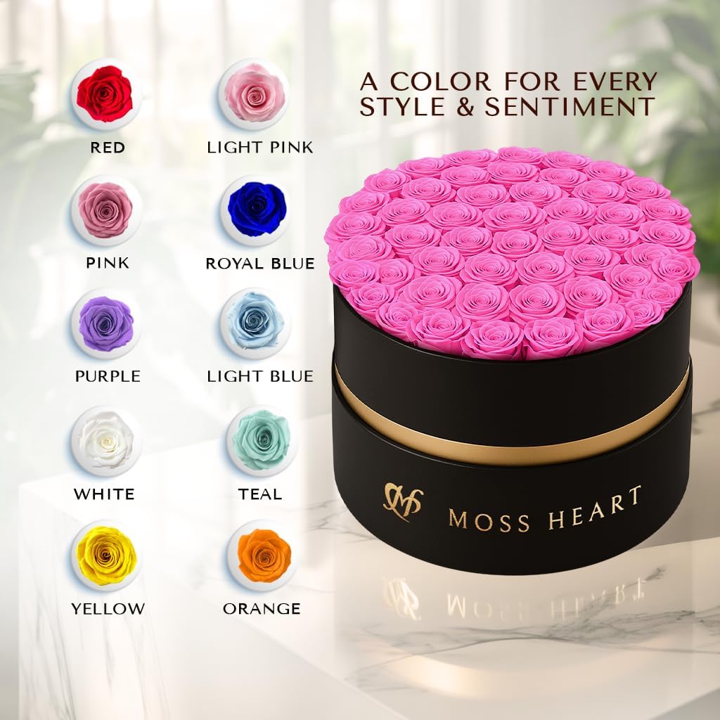 50 Preserved Roses in Designer Round Box, Real Forever Roses, Long-Lasting 1+ Year, No Watering, Luxury Home Décor Arrangement, Valentine’s Day Gift for Wife or Girlfriend - Image 7