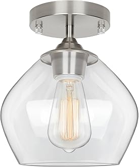 Modern Semi Flush Mount Ceiling Light with Clear Glass Shade, Industrial Close to Ceiling, Nickel Hanging Ceiling Light Fixture for Hallway, Bedroom, Dining Room, Entryway, Foyer