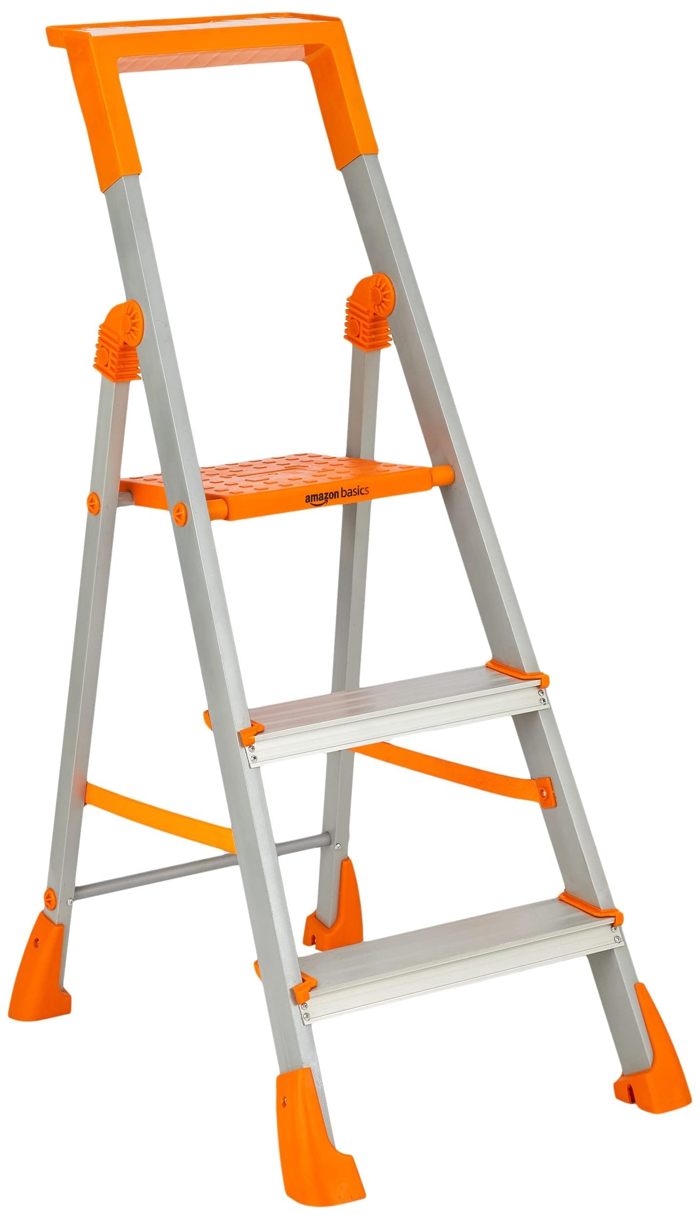 amazon basics clamber pro+ - foldable step ladder with tool tray, firm grip, 3 steps (aluminium steps, orange & satin)