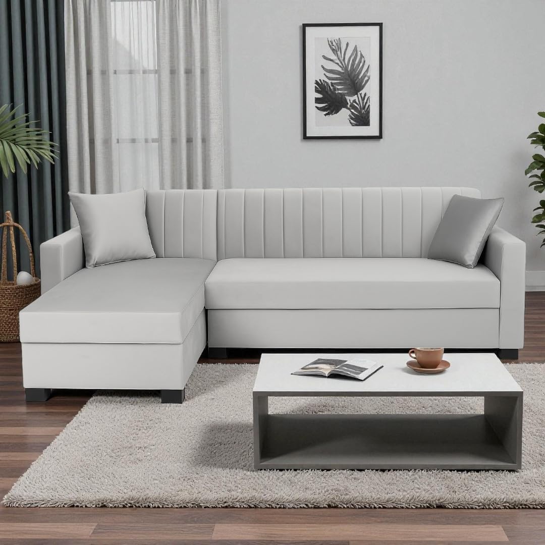 FURNY Averona 4 Seater Fabric LHS L Shape Sofa Set (Light Grey) velevet Finish | Durable & Comfortable | Ideal for Living Room FURNY Averona 4 Seater Fabric LHS L Shape Sofa Set (Light Grey) velevet Finish | Durable & Comfortable | Ideal for Living Room