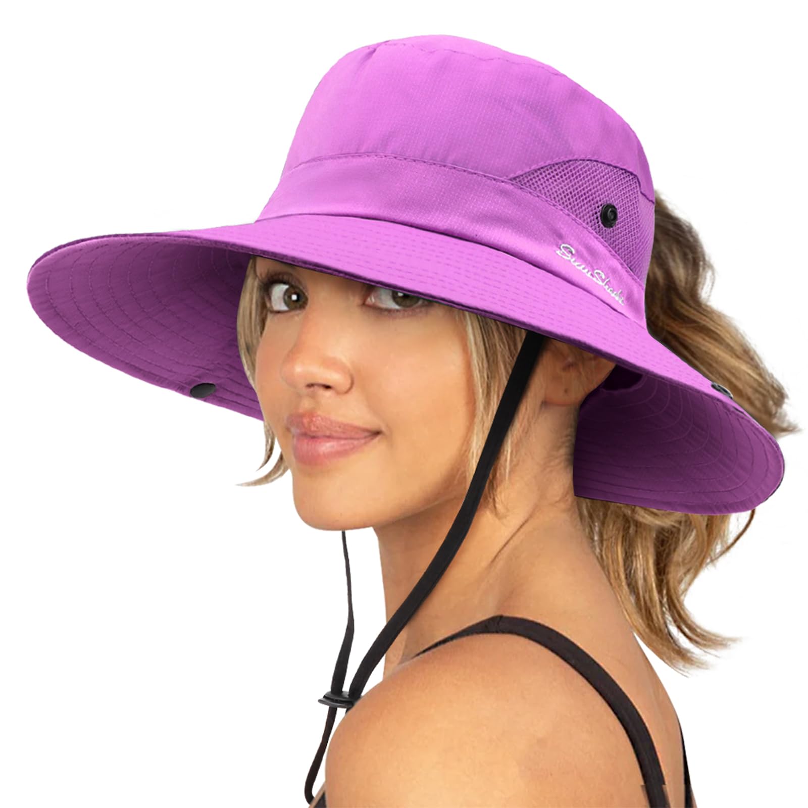DRESHOW Women Sun Hat Outdoor UV Protection Hat Foldable Mesh Wide Brim Fishing Ponytail Beach Bucket Hats