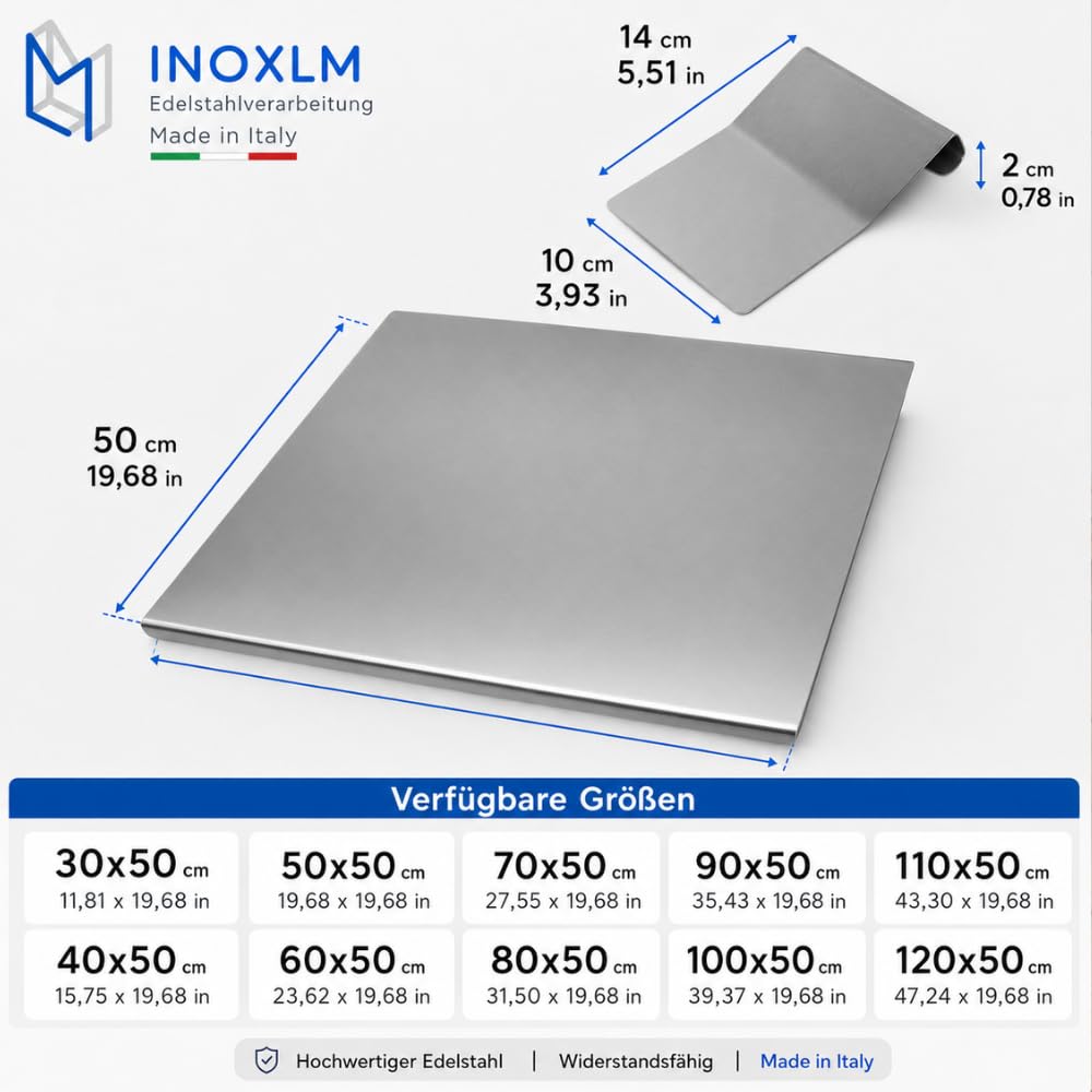 INOXLM Schneidebrett 2 STÜCK Edelstahl + Teigschaber, Edelstahl Arbeitsplatte verschiedene Größen für Küche Bar Restaurant | Knetbrett Made in Italy (40x50 cm Piega 2 cm)