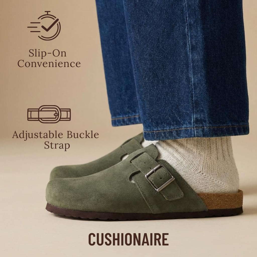 CUSHIONAIRE Hugo Genuine Leather Suede Clogs for Men – Comfortable Slip On Shoes with Adjustable Buckle, Closed Toe Mens Slides - Image 5