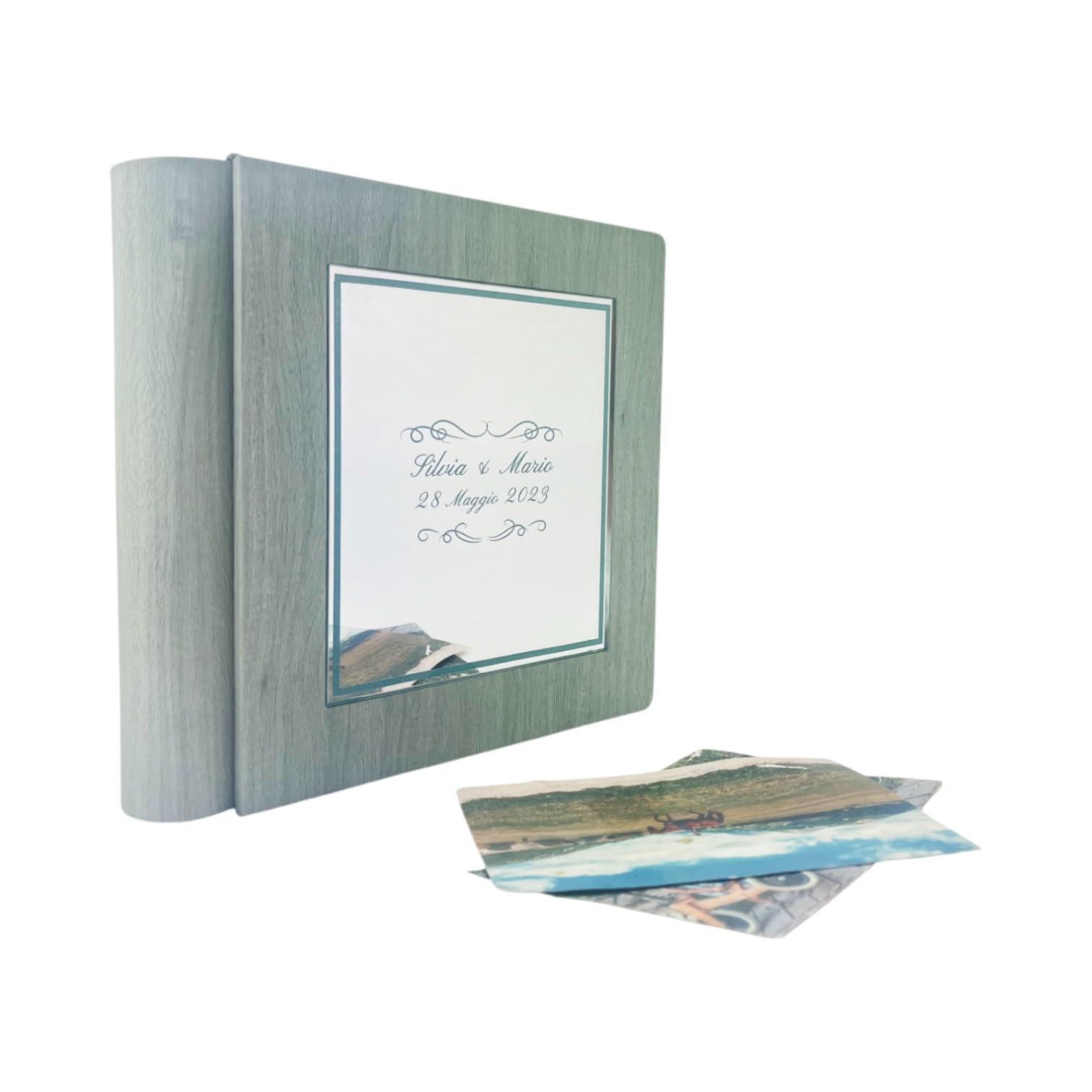 Album fotografico -Giove Mirror- in ecopelle effetto legno con riquadro Plex Specchio leserato e colorato personalizzabile, classico con velina, Nozze Comunione Anniversario Matrimonio (Verde Acqua)