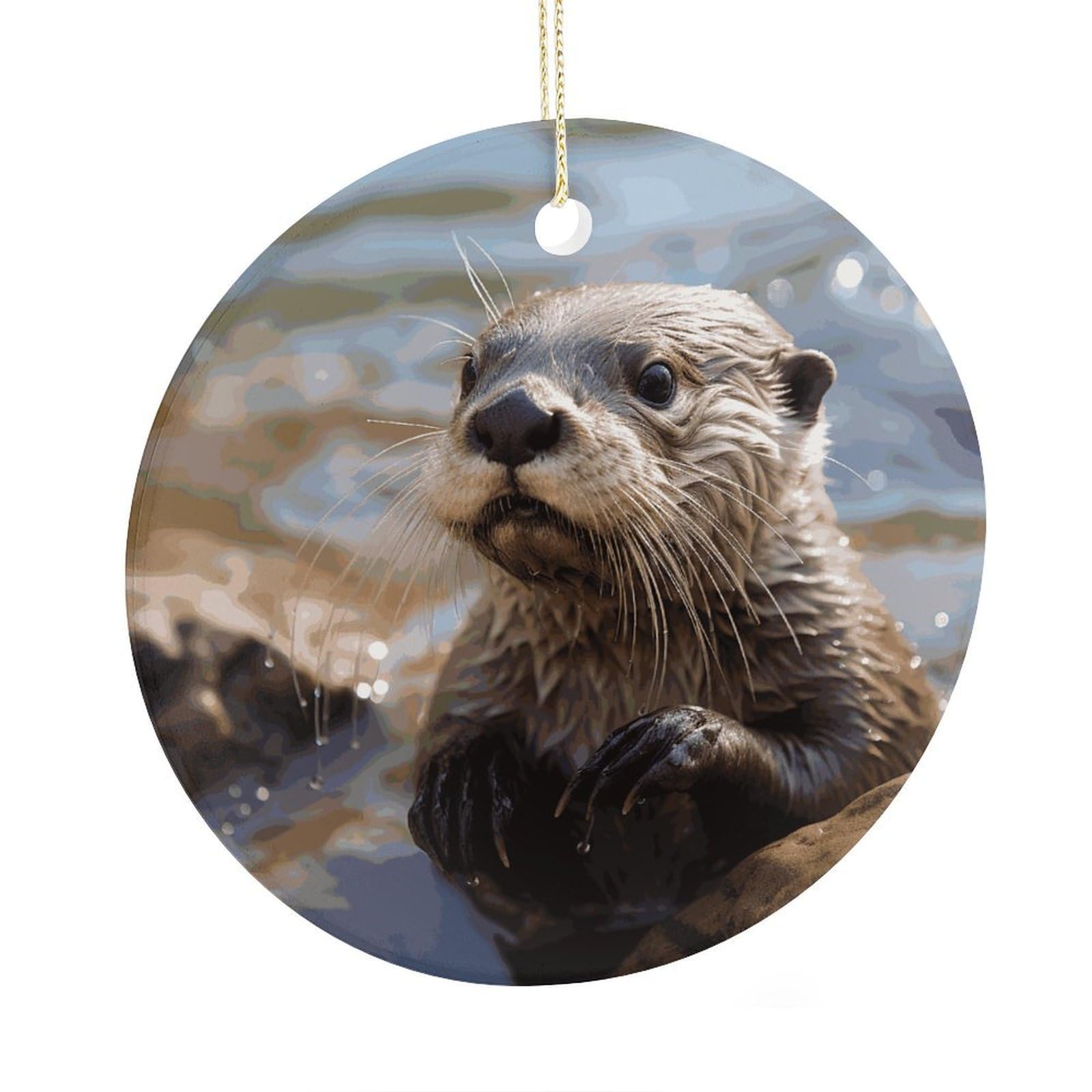 Fekiloot Style Otter Playing In The Water Christmas Ornaments 2.9 Inch Round Ceramic Ornament Keepsake Thank You Gifts For Office, Room, Home - Holiday Present Ideas