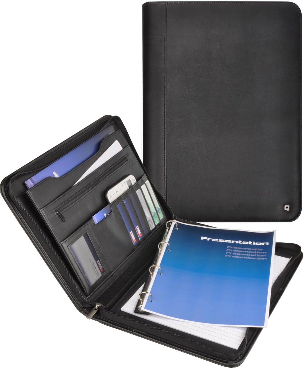 Porte-document A4 DESQ avec classeur à anneaux 25 mm, fermeture éclair, 5 pochettes, noir