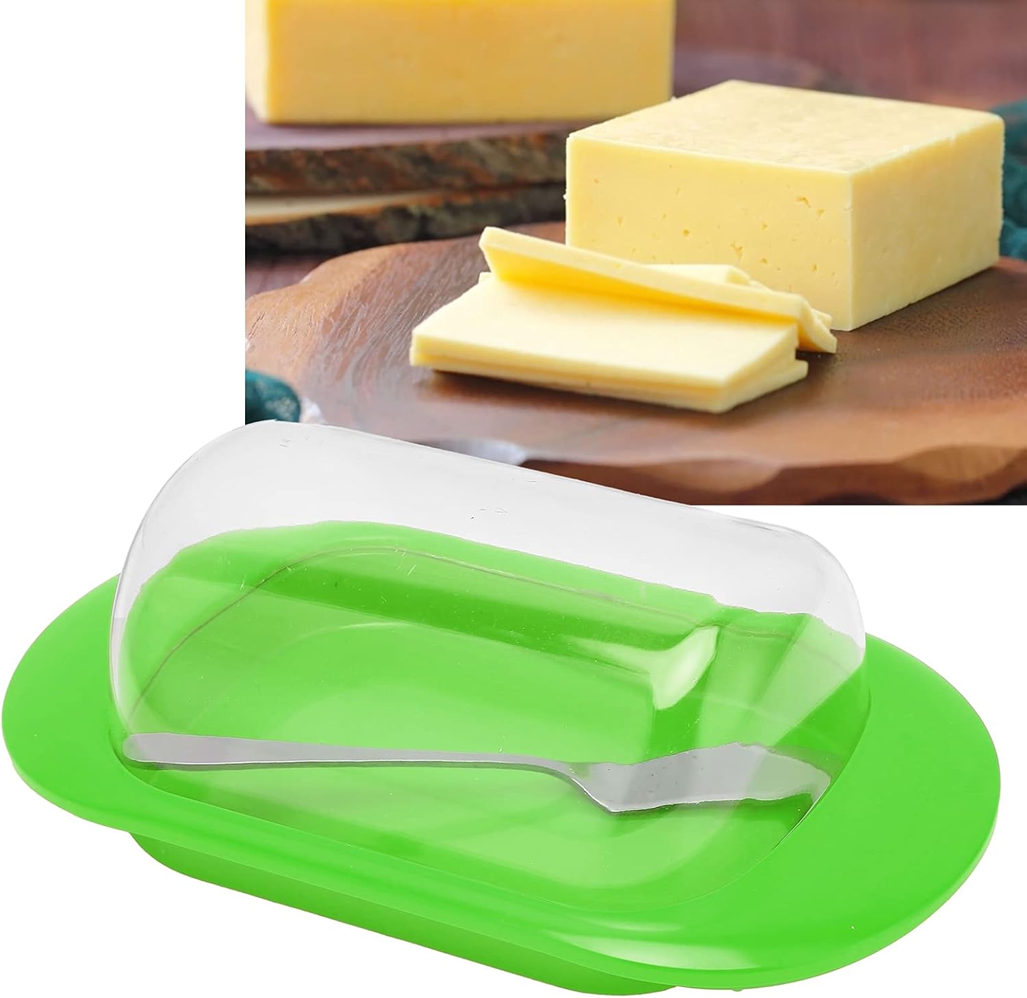 Horoper Round Edges Plastic Butter Storage Box Cheese Dessert Bread Container with Transparent Lid Knife for Butter Storage Butter Keeper for Countertop or Fridge (green)