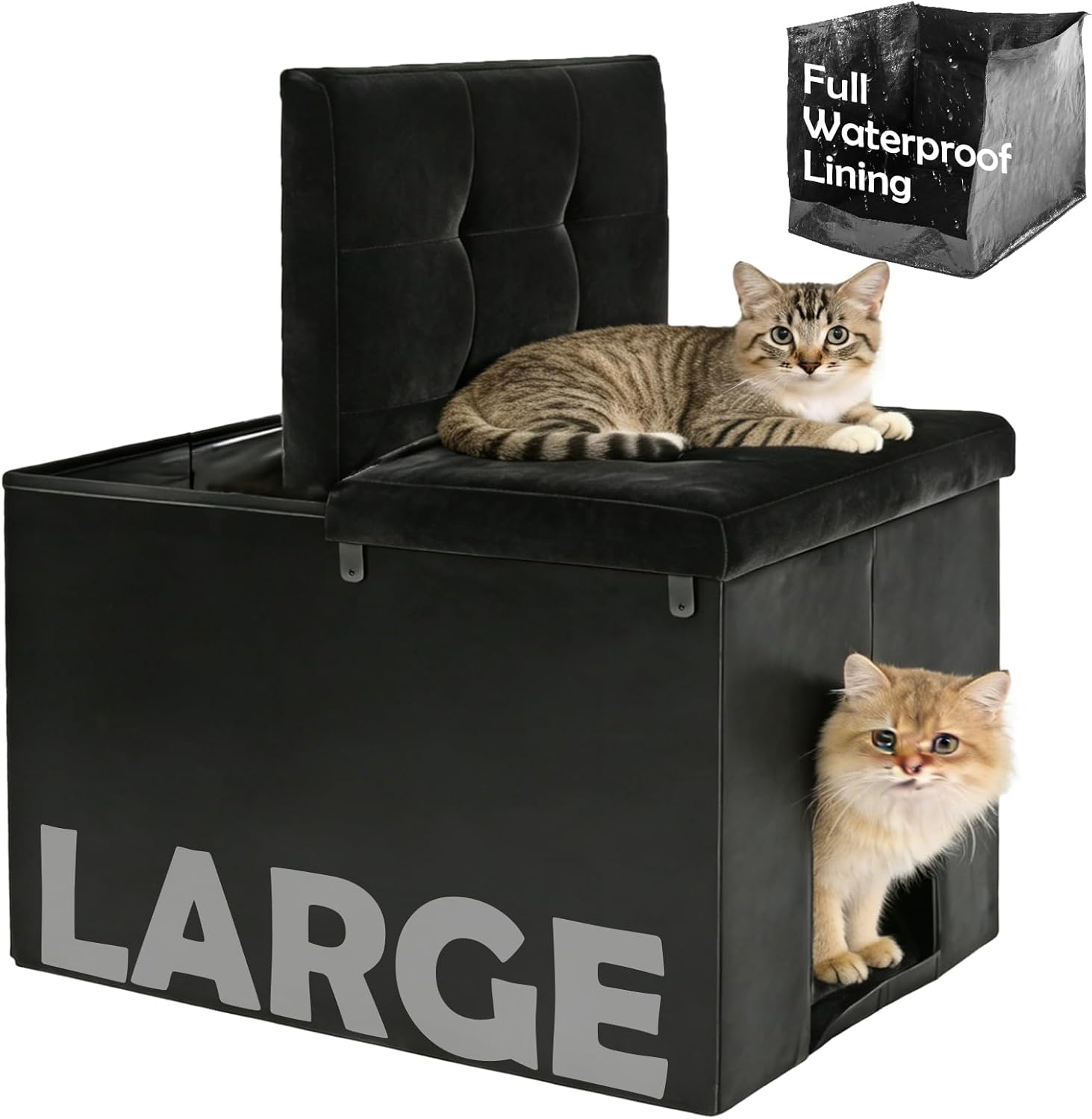 MEEXPAWS Cat Litter Box Enclosure, Hidden Cat Litter Box Furniture with Removable Waterproof Liner and Divider, Velvet Cat Washroom Bench, Dog Proof, Black, 27.5'' x 19.6'' x 19.6''