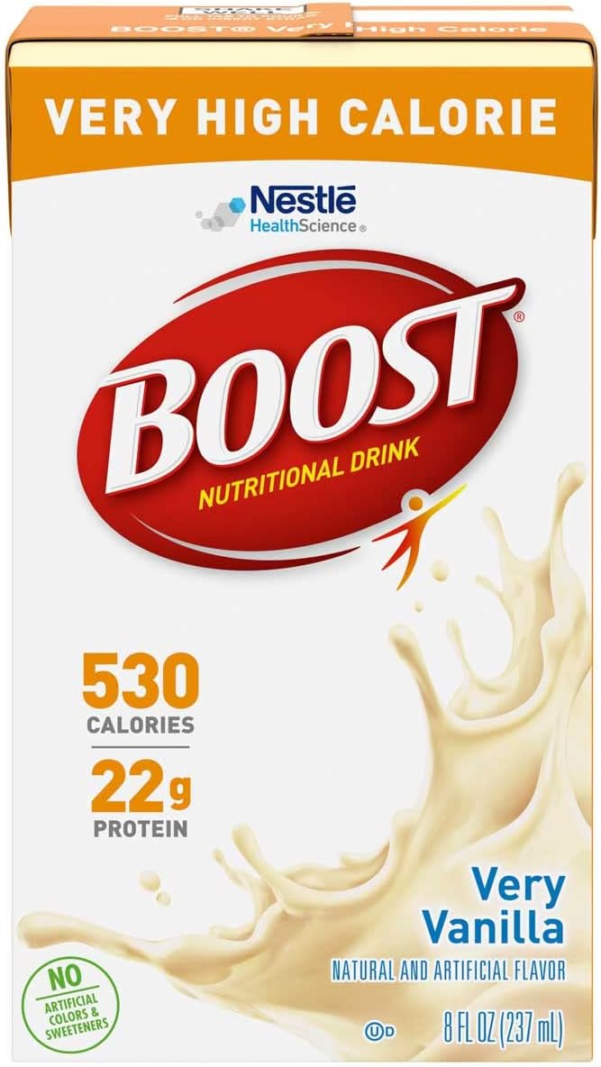 Boost Very High Calorie Nutritional Drink Very Vanilla, Made with Natural Vanilla Flavor & No Artificial Flavors, Colors & Sweeteners, 8 FL OZ (Pack of 24)
