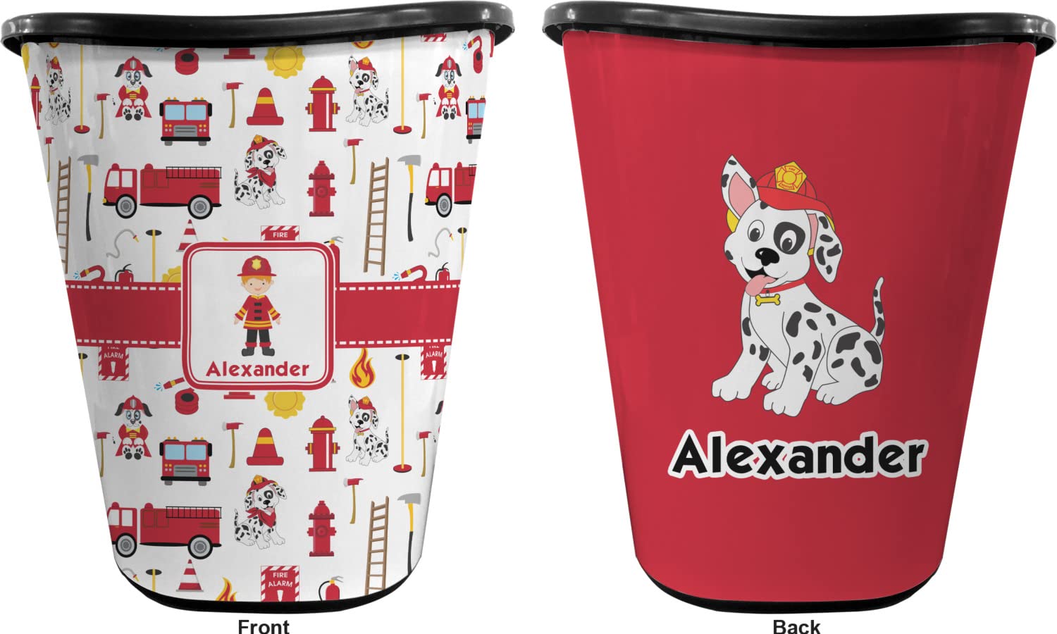 Personalized Firefighter Character Waste Basket - Double Sided (Black) w/Name or Text