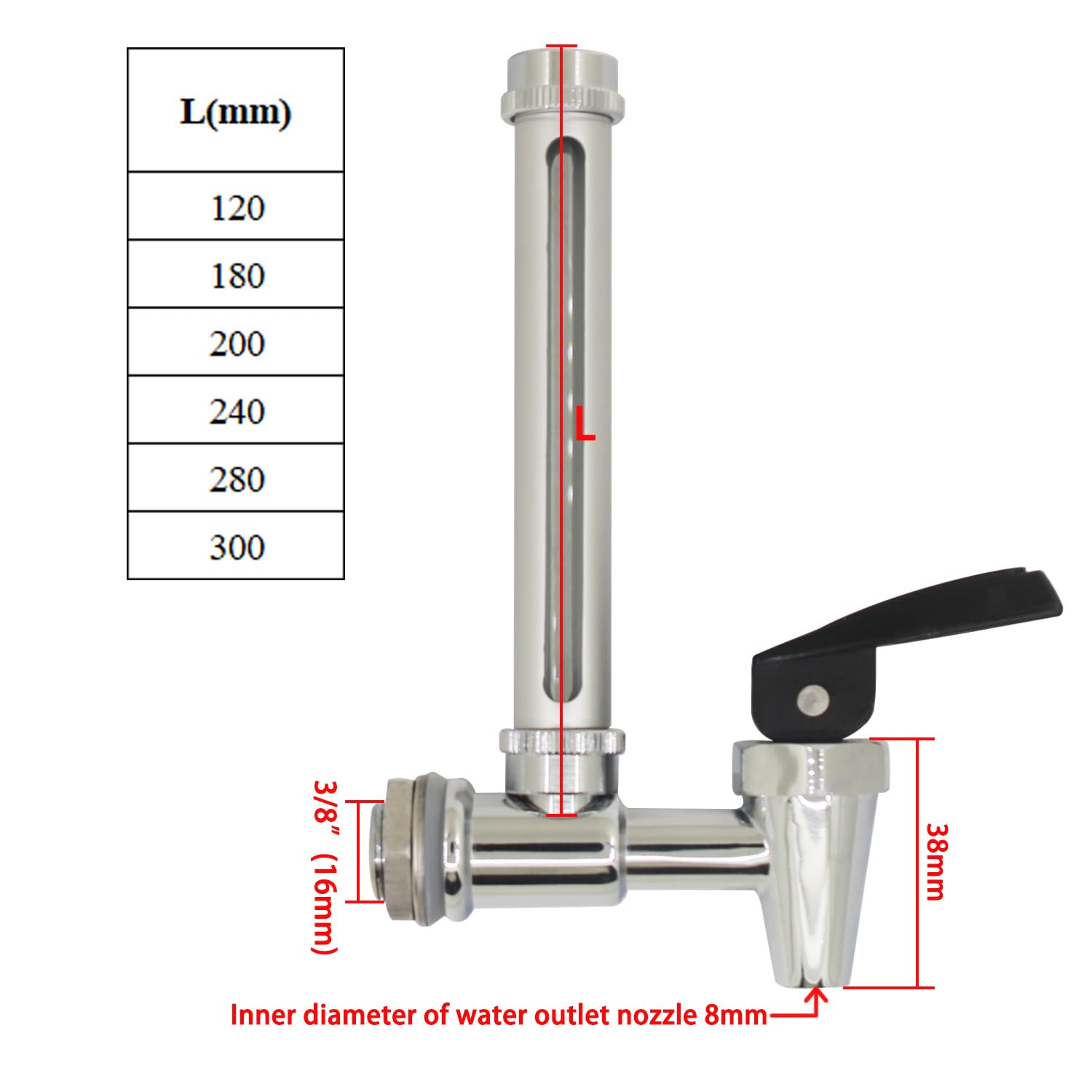 Robinet vue claire filtre à eau par gravité pour purificateur eau gravité jauge de niveau d'eau cuve robinet indicateur de niveau vanne de contrôle liquide capteur visuel (3/8 pouce 200mm)