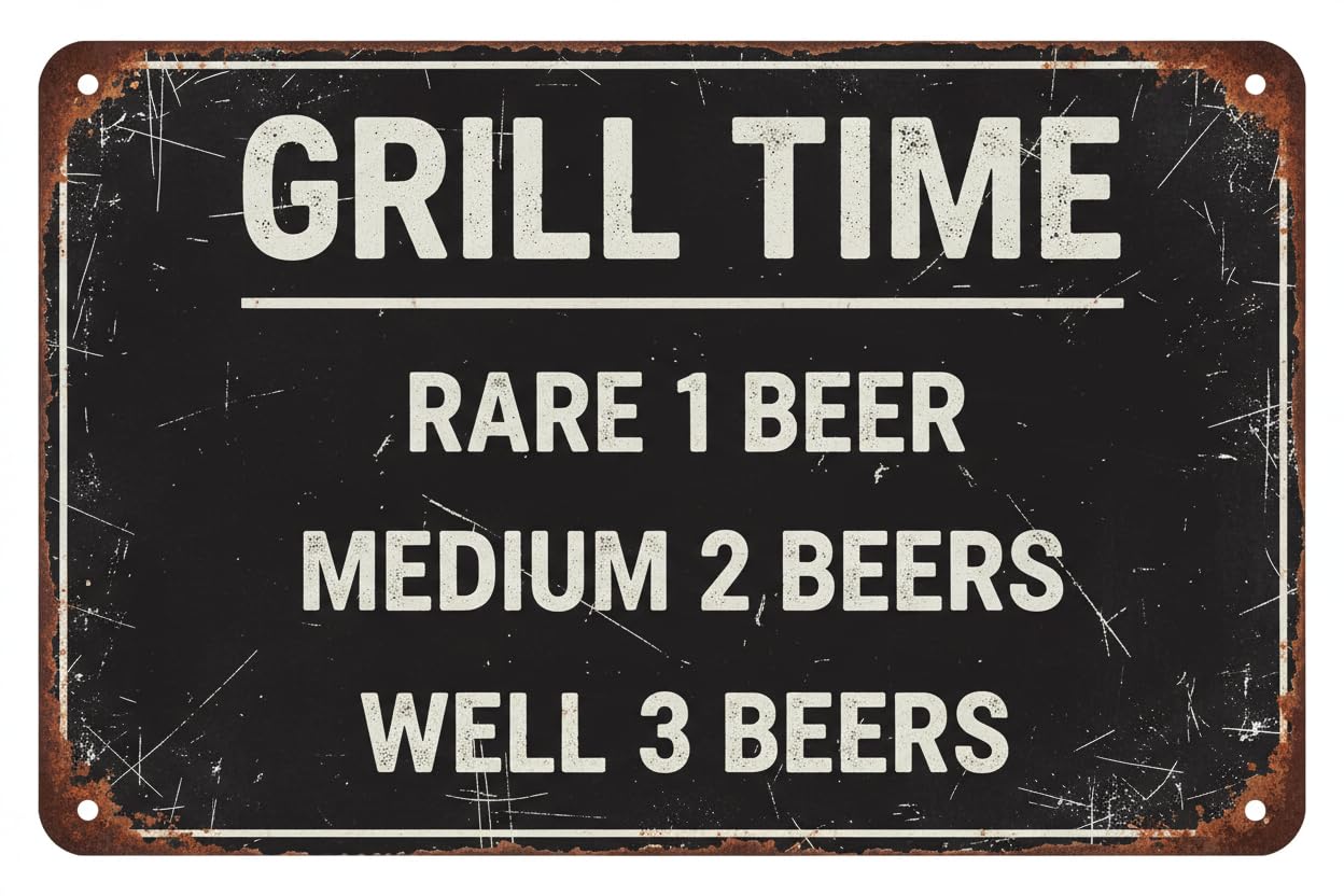 Grill Time Medium 2 Beers Funny Tin Sign, 8x12 Inch