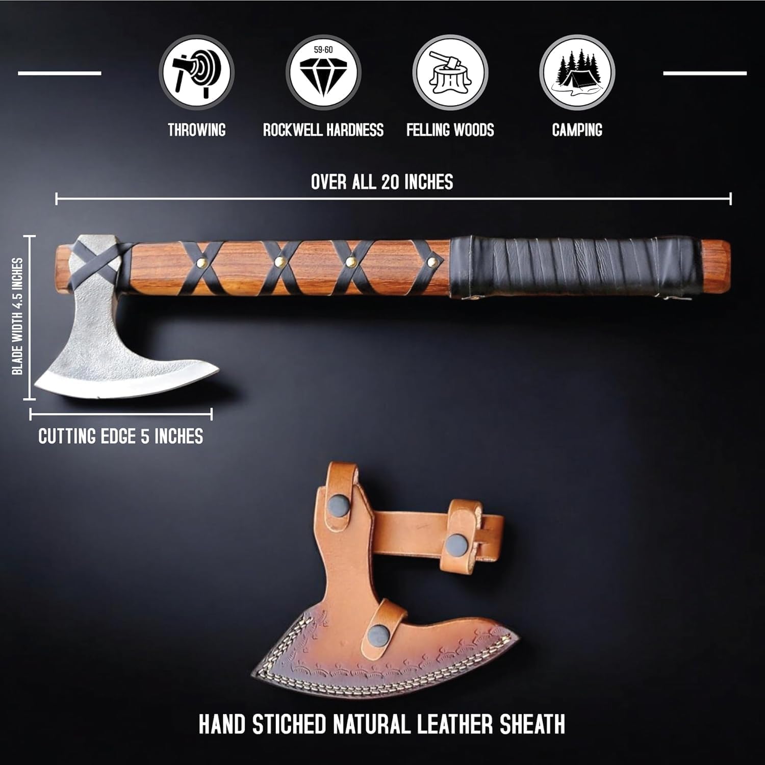 Hand-Forged Viking Axe and Norse Vikings Knife Set | 20" Carbon Steel Axe with Raven-Head Knife with Leather Sheath | Medieval Replica Collectible Gift Set for Men.
