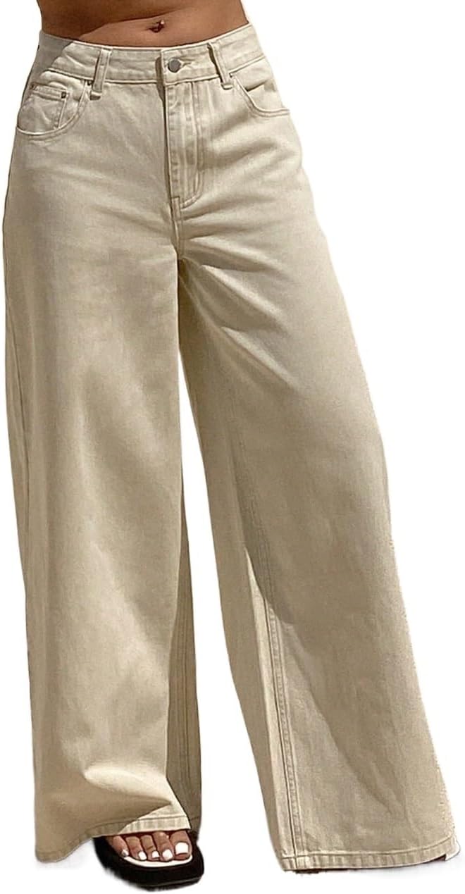 Women Loose Straight Leg Denim Jeans Summer Solid Color Casual Business Pants Trousers Outfits with Pocket