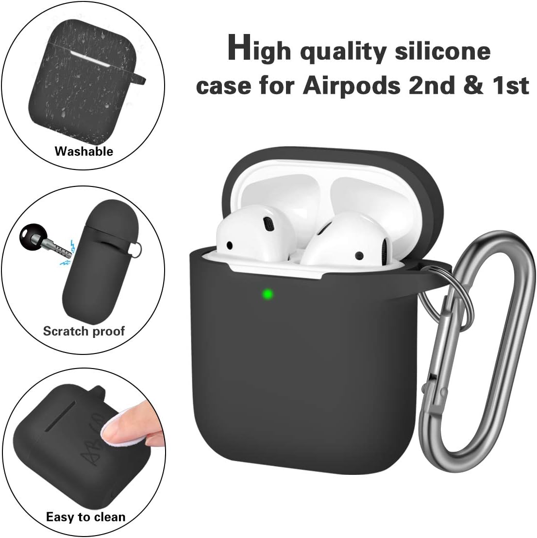 GEAK for AirPods Case, (Front LED Visible), Shockproof Protective Silicone Case Cover with Keychain Compatible for Apple AirPods 2 & 1, Black