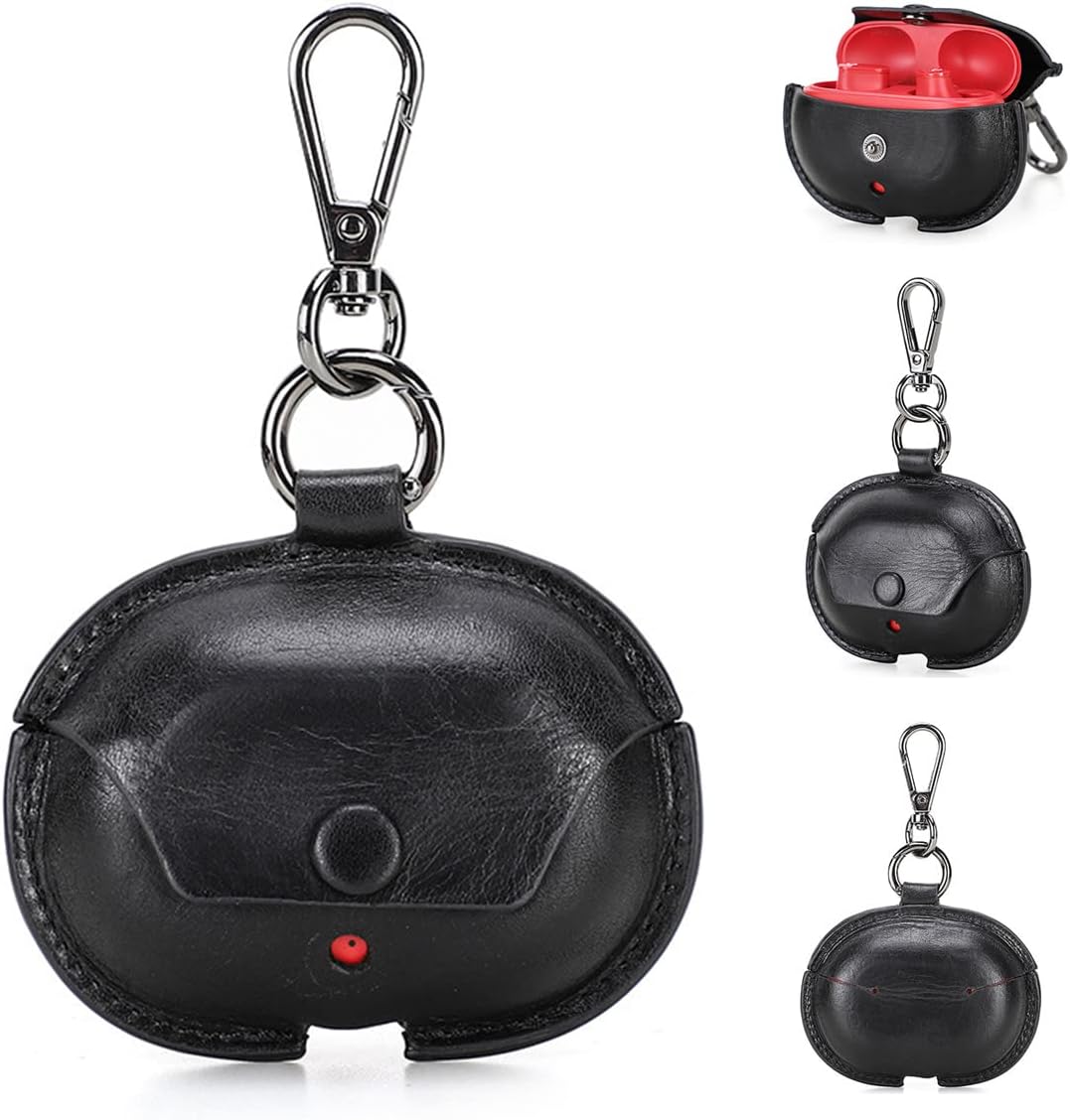 Genuine Leather Case for New Beats Studio Buds Case 2021, Earphone Shockproof Protective Case Flip Cover with Keychain Compatible with Beats Studio Buds Charging Case, Front LED Visible Black