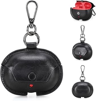 Genuine Leather Case for New Beats Studio Buds Case 2021, Earphone Shockproof Protective Case Flip Cover with Keychain Compatible with Beats Studio Buds Charging Case, Front LED Visible Black