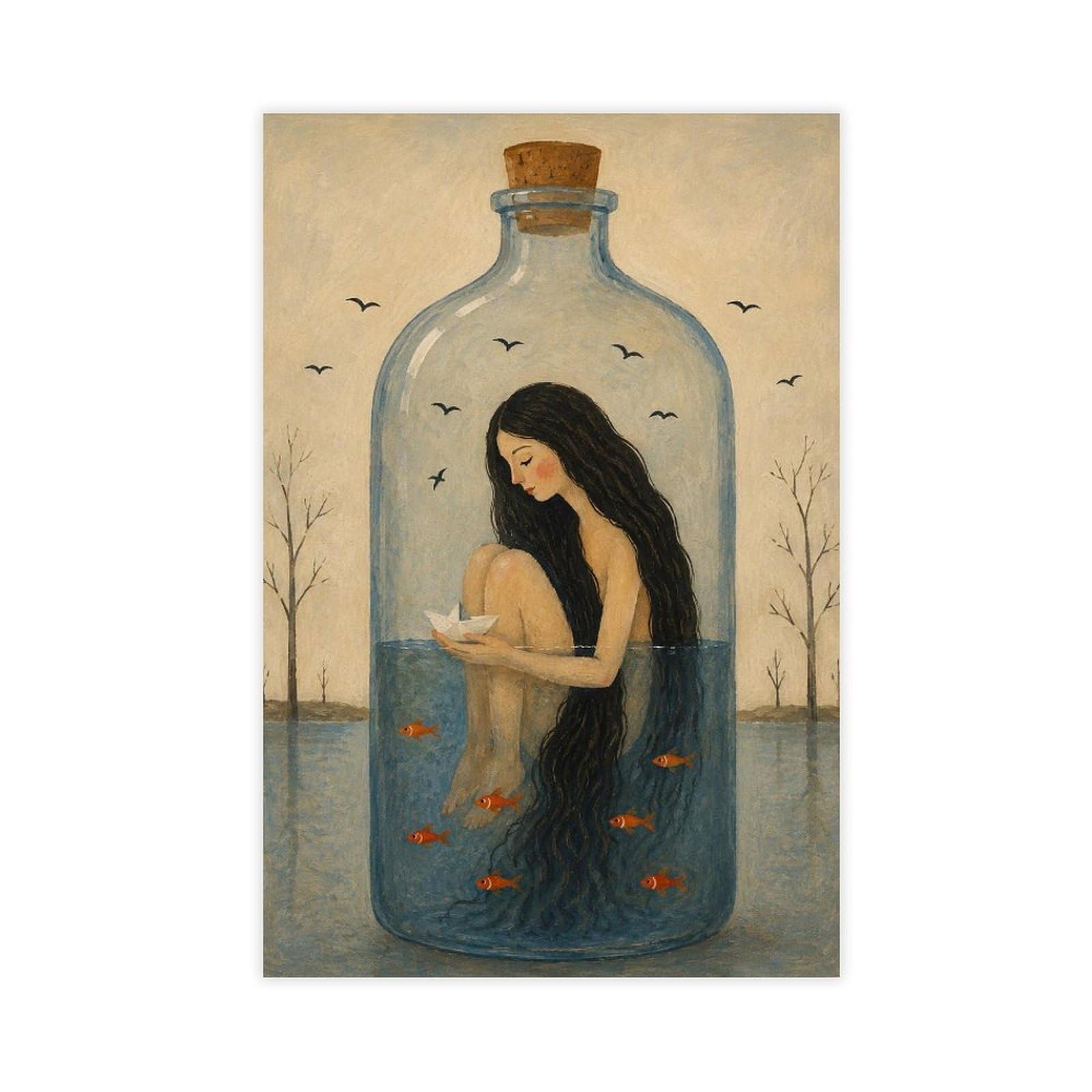 WRTYVE Poster su tela con donna surreale in bottiglia di vetro, per soggiorno, decorazione regalo