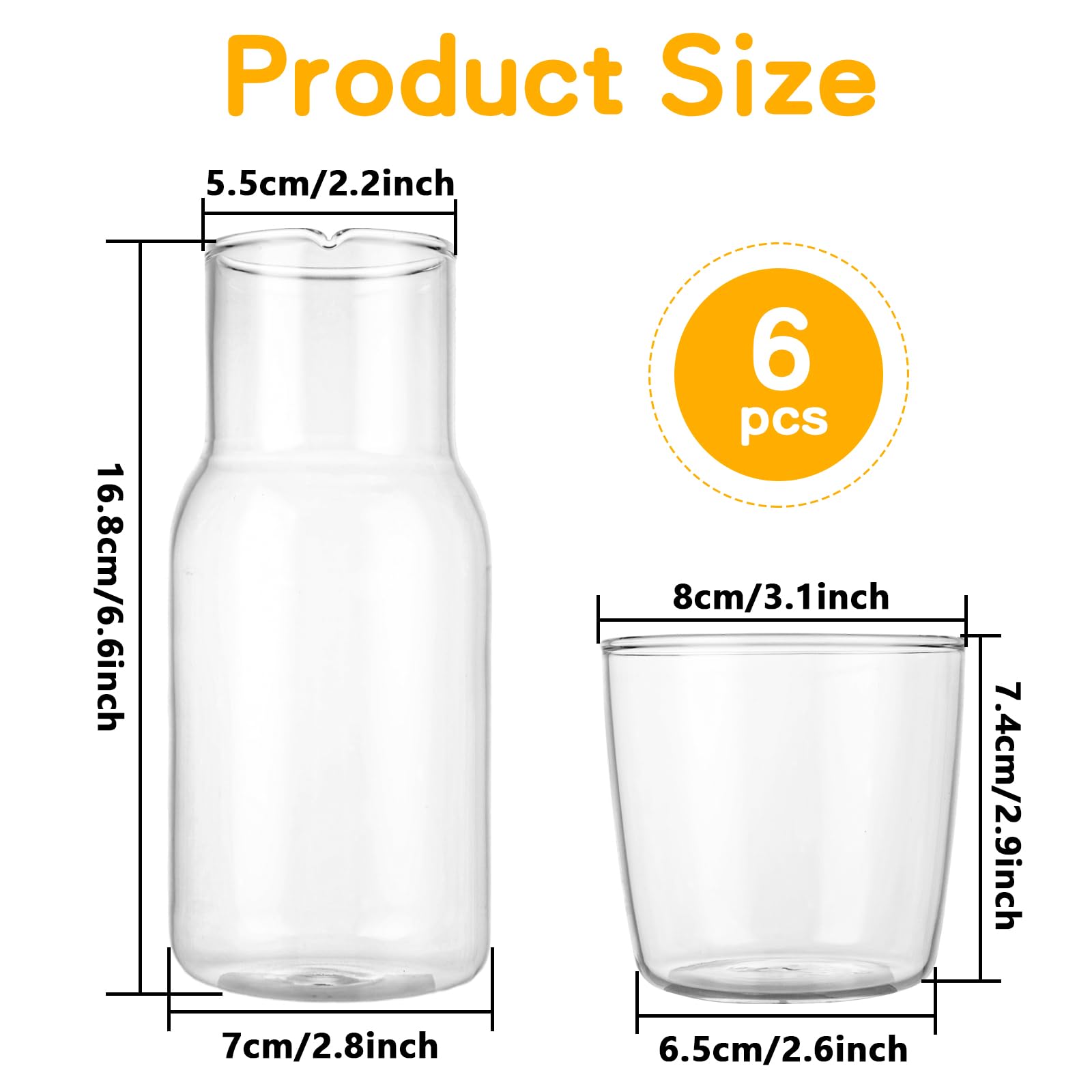 Set di 6 caraffe da comodino con bicchiere, caraffa da comodino in vetro trasparente da 550 ml e set di bicchieri, brocca per acqua succo, per comodino, cucina, camera da letto, bagno
