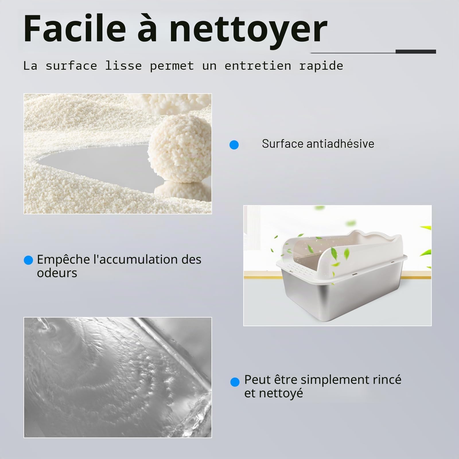 Bac à litière XXL pour chat, Grande litière pour chat 50 * 35 * 25 cm Sans odeur, Inoxydable, Surface lisse antiadhésive, Bac à litière en acier inoxydable Capacité pour un nettoyage plus facile