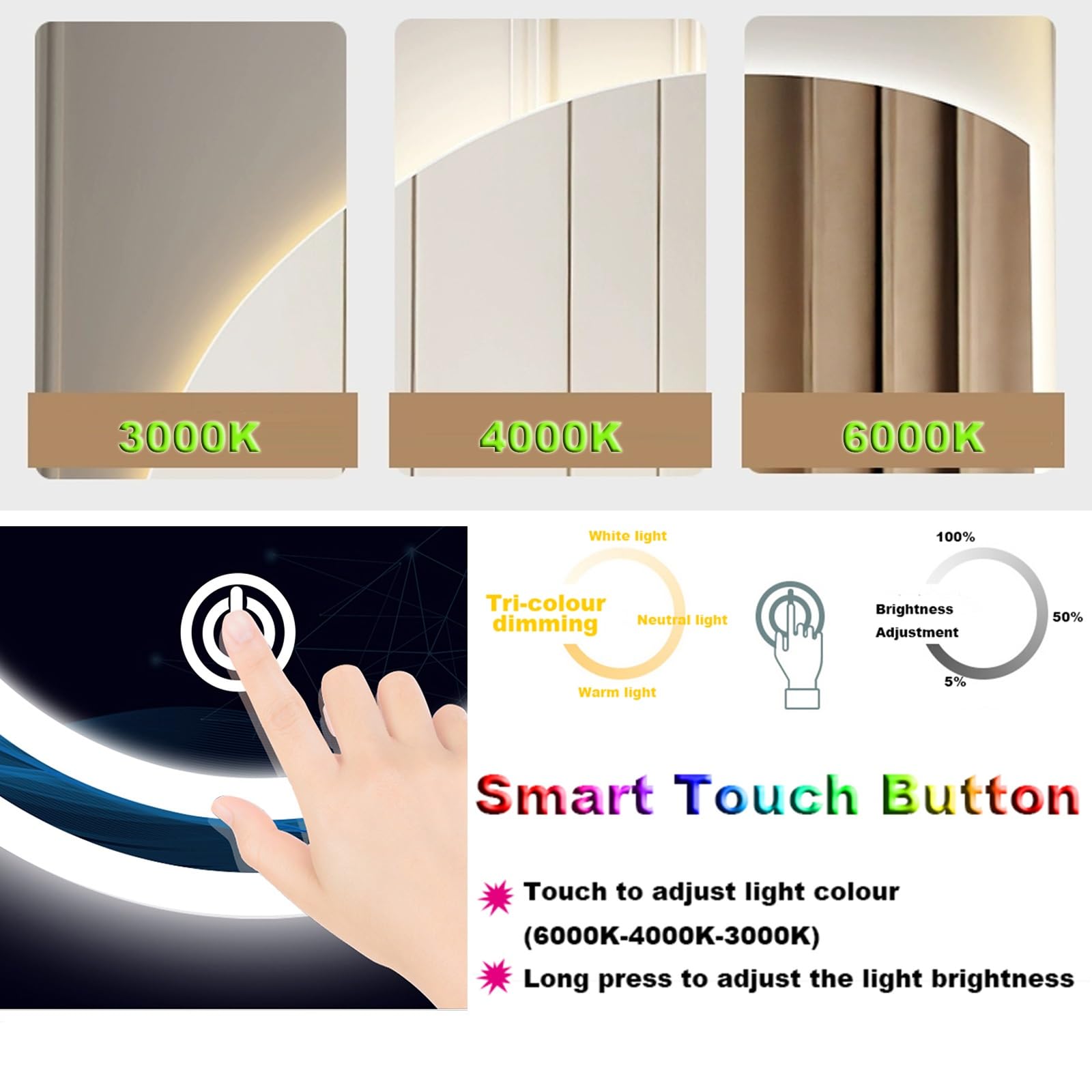 LED-Badezimmerspiegel, halbkularer Wandspiegel, beschlagfrei, dimmbar, 3-farbige LED-Beleuchtung, Lar-Größe, modernes Design für Slish Badezimmer