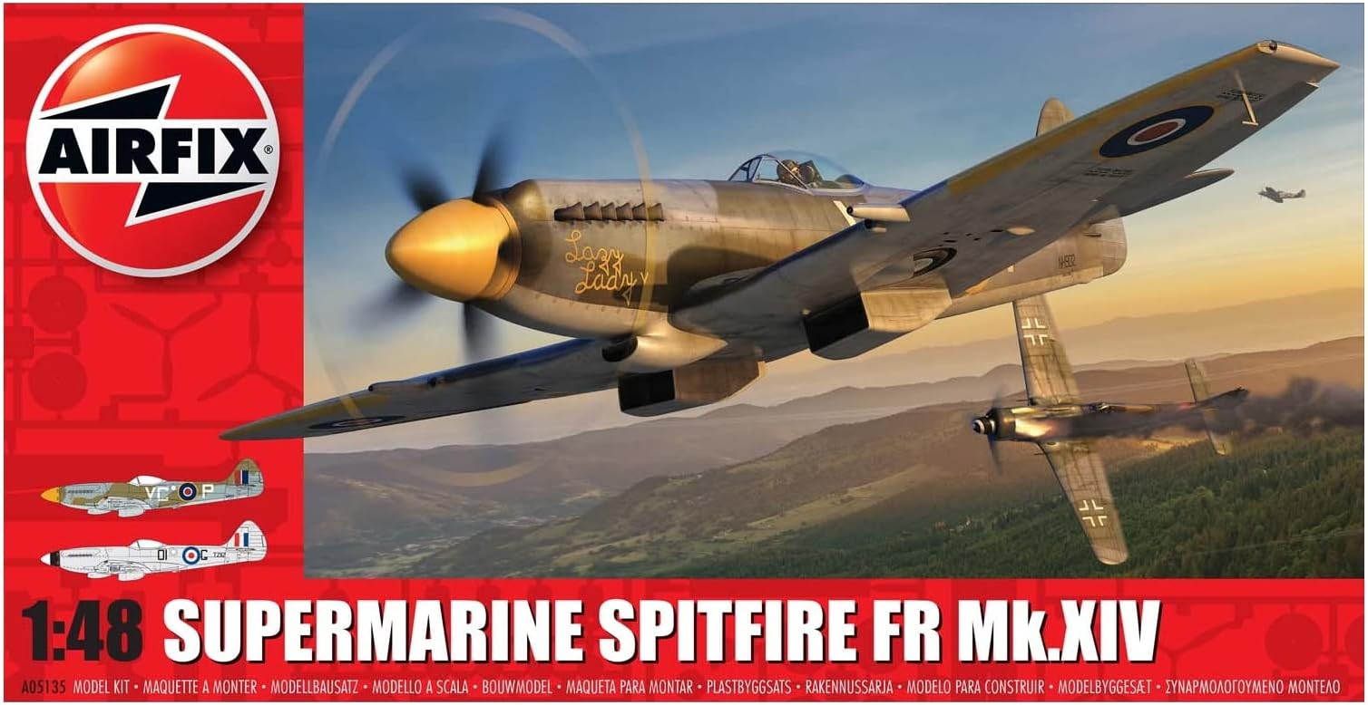 AirfixModel Set - A05135 Supermarine Spitfire FR Mk.XIV Model Building Kit - Plastic Model Plane Kits for Adults & Children 8+, Set Includes Sprues & Decals - 1:48 Scale Model