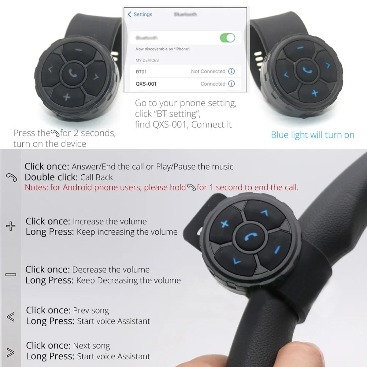 Télécommande à bouton multimédia, kit de télécommande intelligente sans fil, contrôleur de téléphone, étanche IP67, pour volant de voiture, moto, vélo, batterie rechargeable intégrée pour téléphones